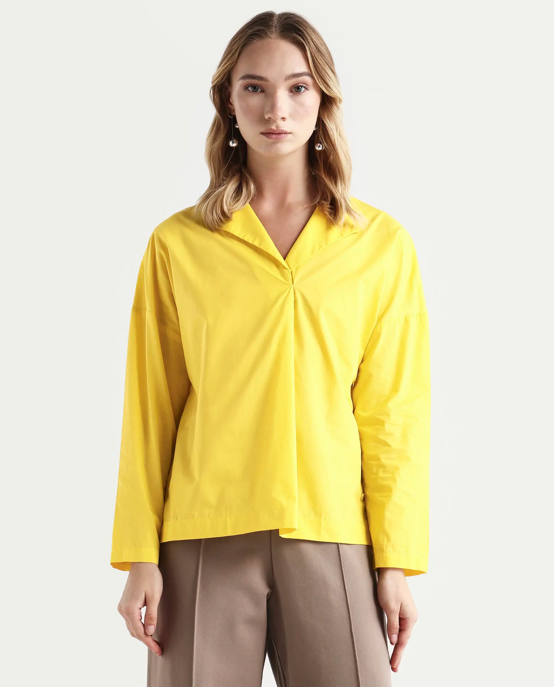 Rareism Women's Berge Yellow Polyester Lapel Neck Plain Regular Fit Top