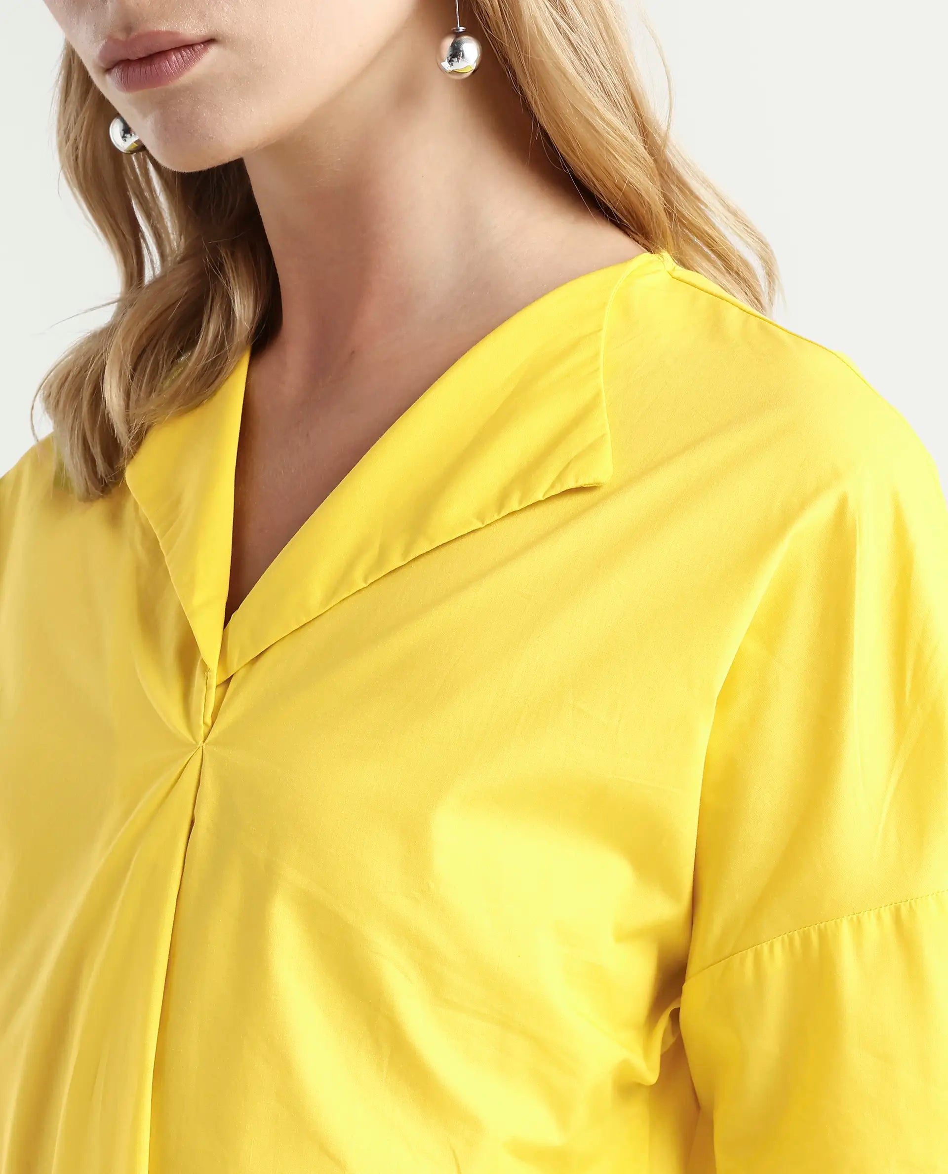 Rareism Women's Berge Yellow Polyester Lapel Neck Plain Regular Fit Top