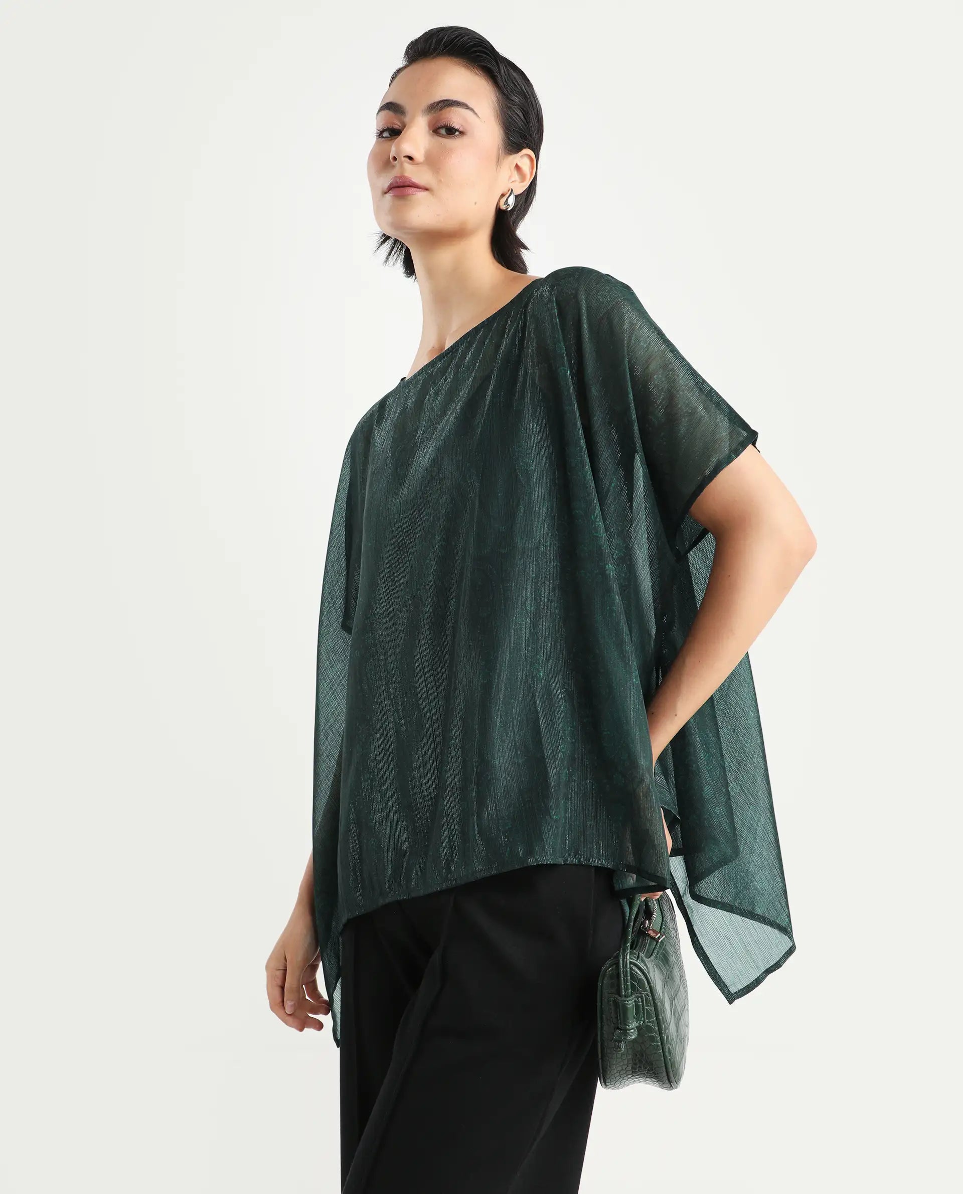 Rareism Women's Meresa Dark Green Polyester Boat Neck Plain Regular Fit Top