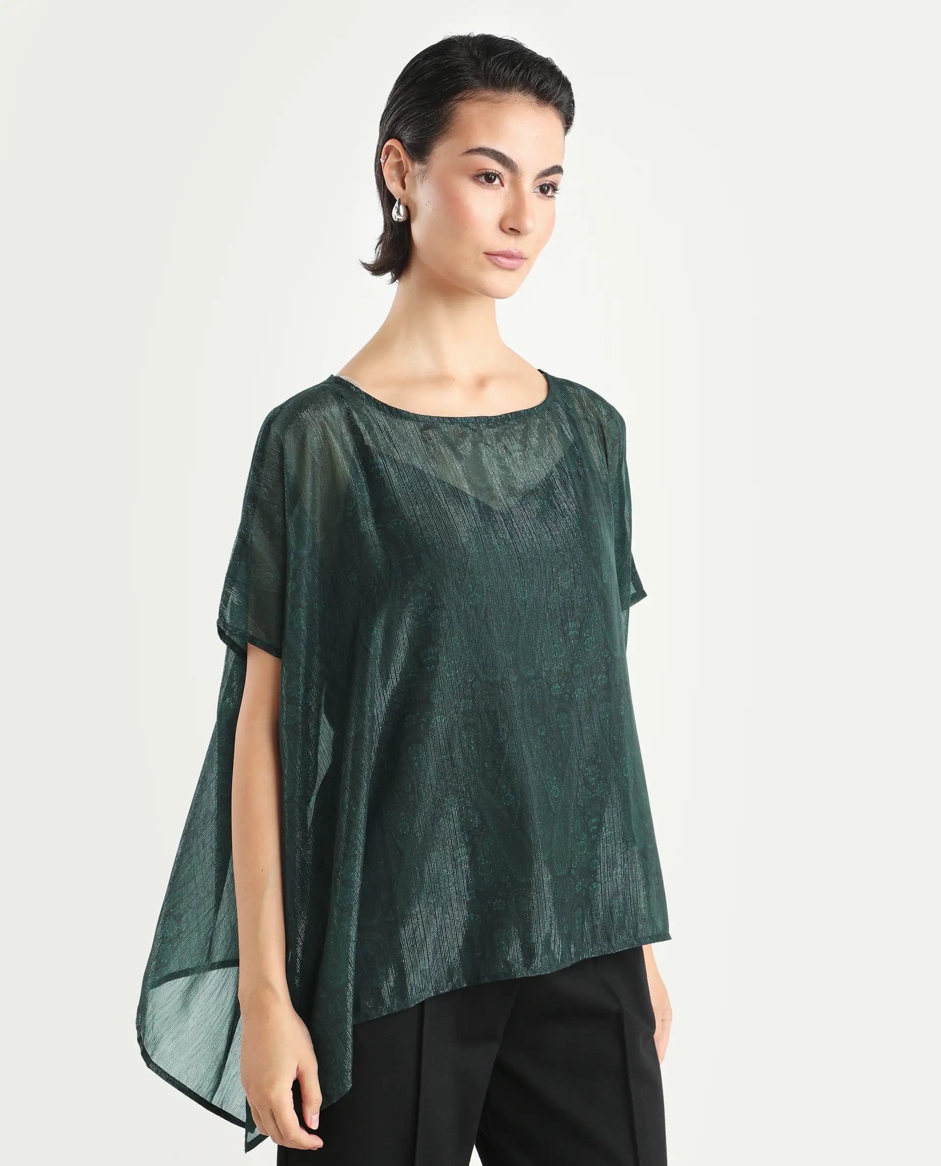 Rareism Women's Meresa Dark Green Polyester Boat Neck Plain Regular Fit Top