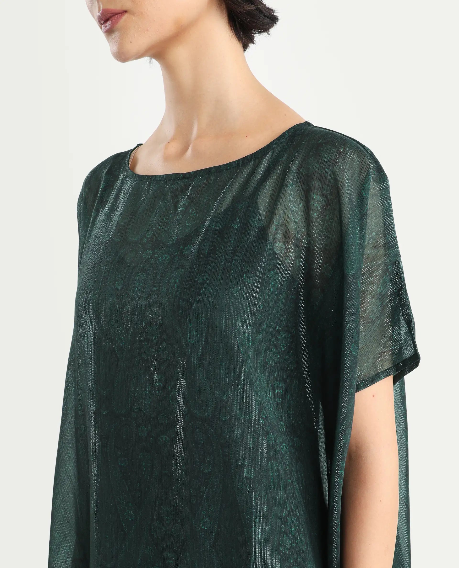 Rareism Women's Meresa Dark Green Polyester Boat Neck Plain Regular Fit Top