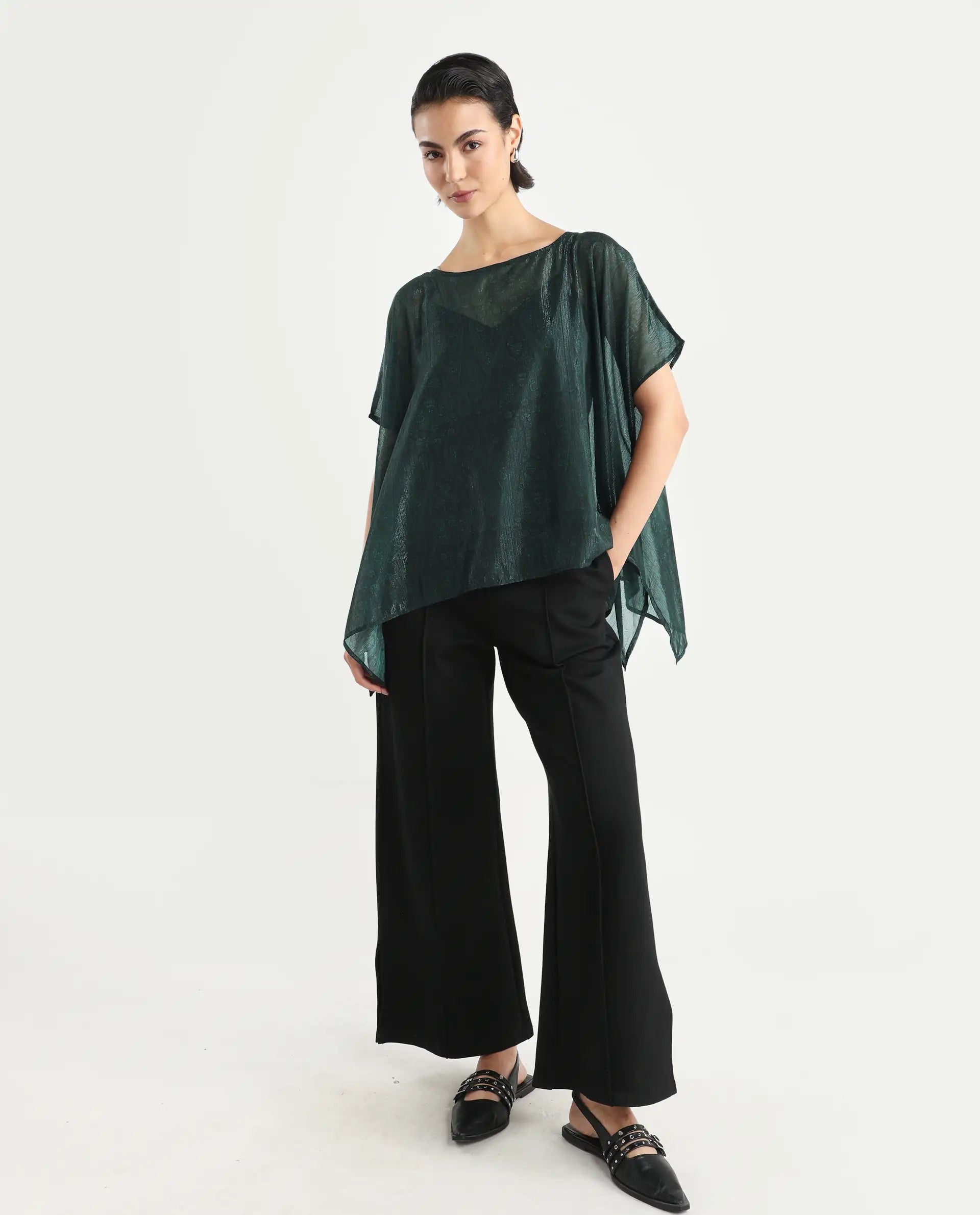 Rareism Women's Meresa Dark Green Polyester Boat Neck Plain Regular Fit Top