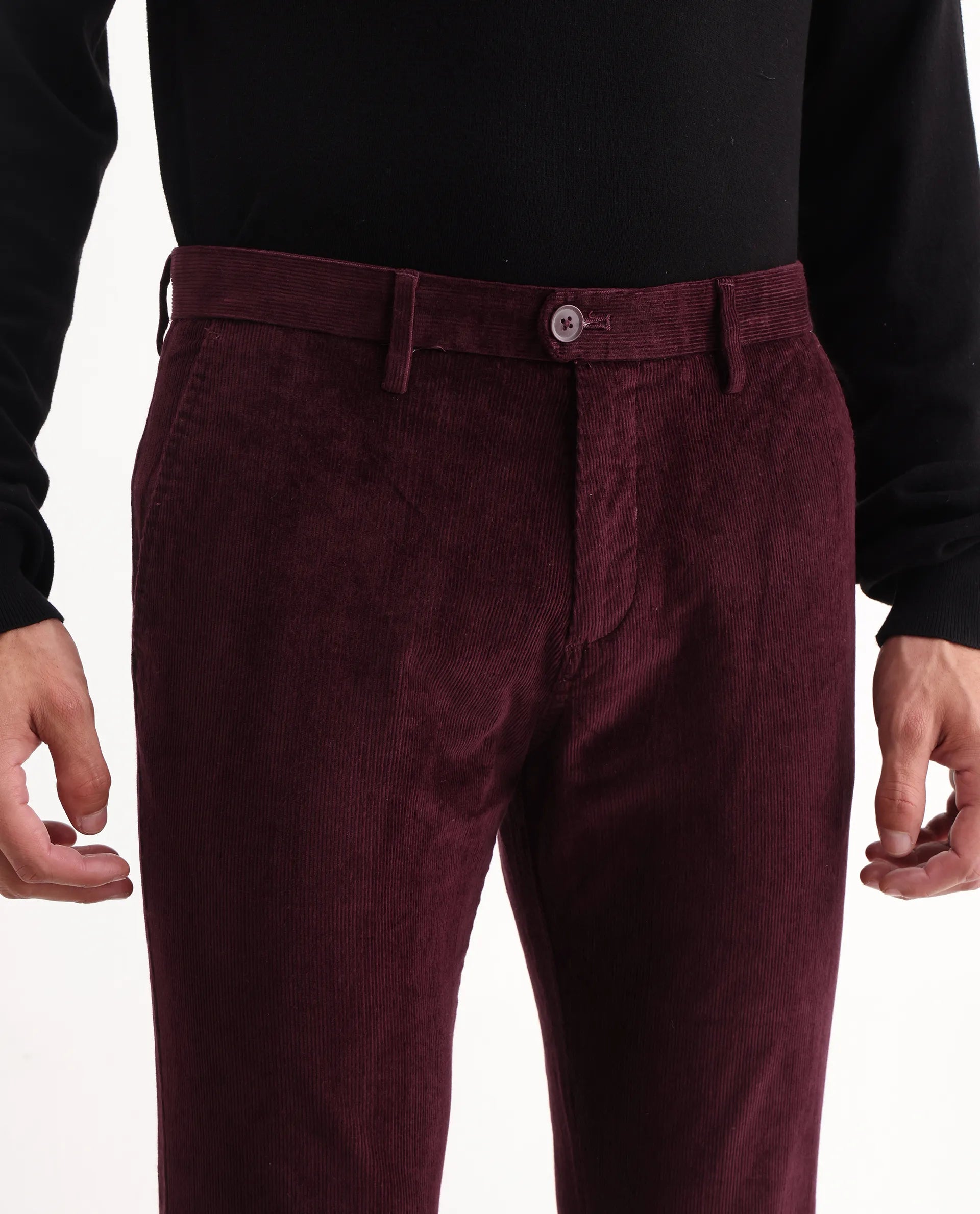 Rare Rabbit Men's Upton Maroon Cotton Plain Regular Fit Trouser