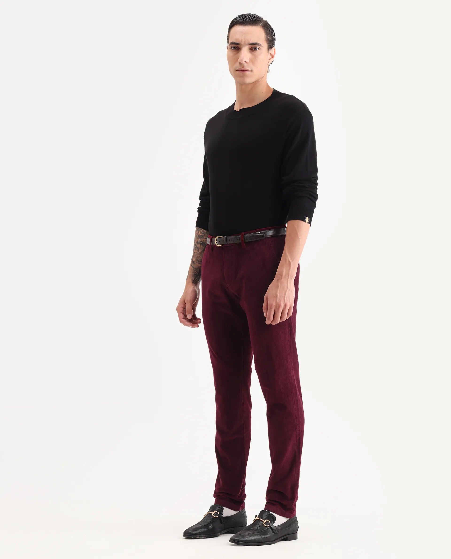 Rare Rabbit Men's Upton Maroon Cotton Plain Regular Fit Trouser