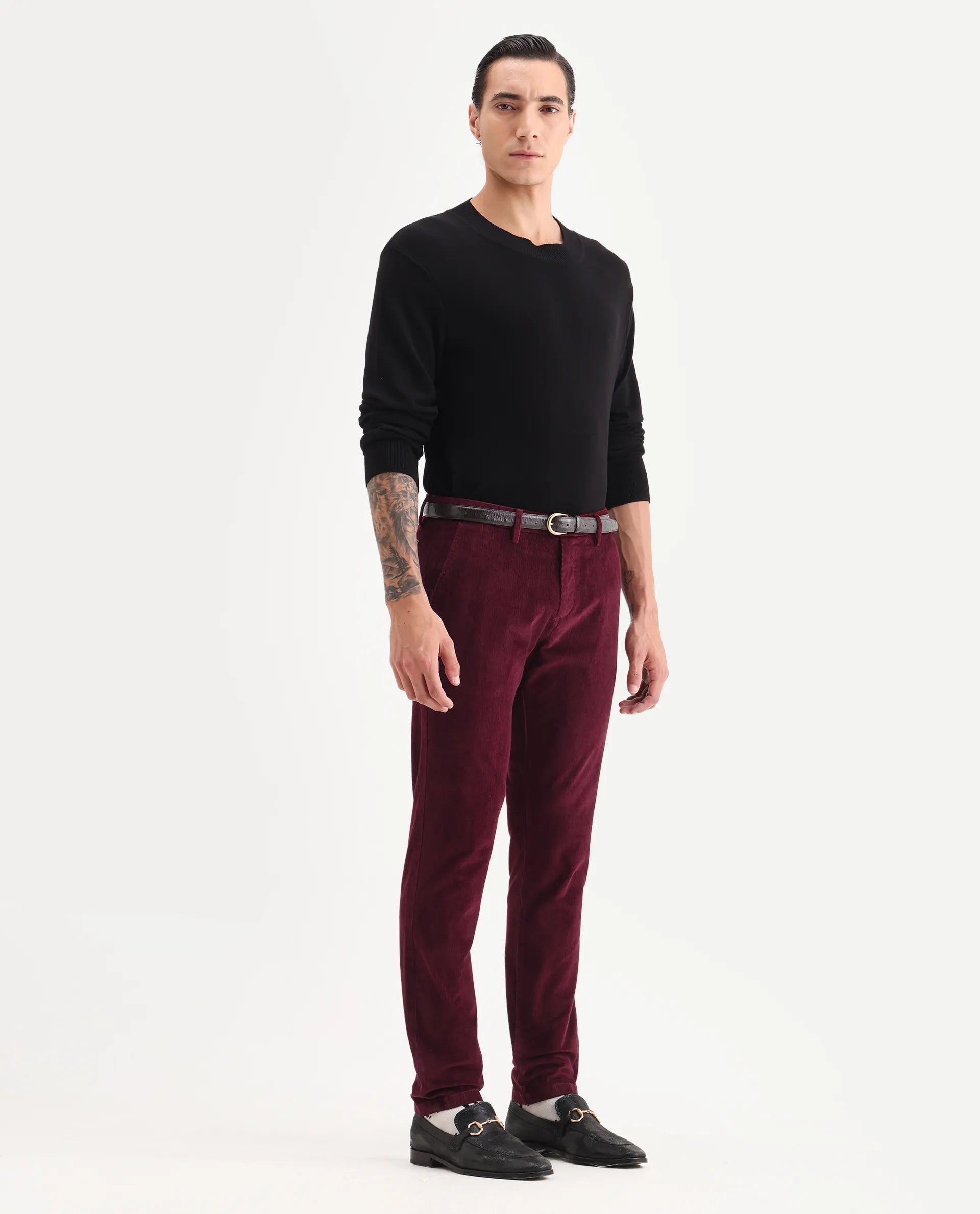 Rare Rabbit Men's Upton Maroon Cotton Plain Regular Fit Trouser