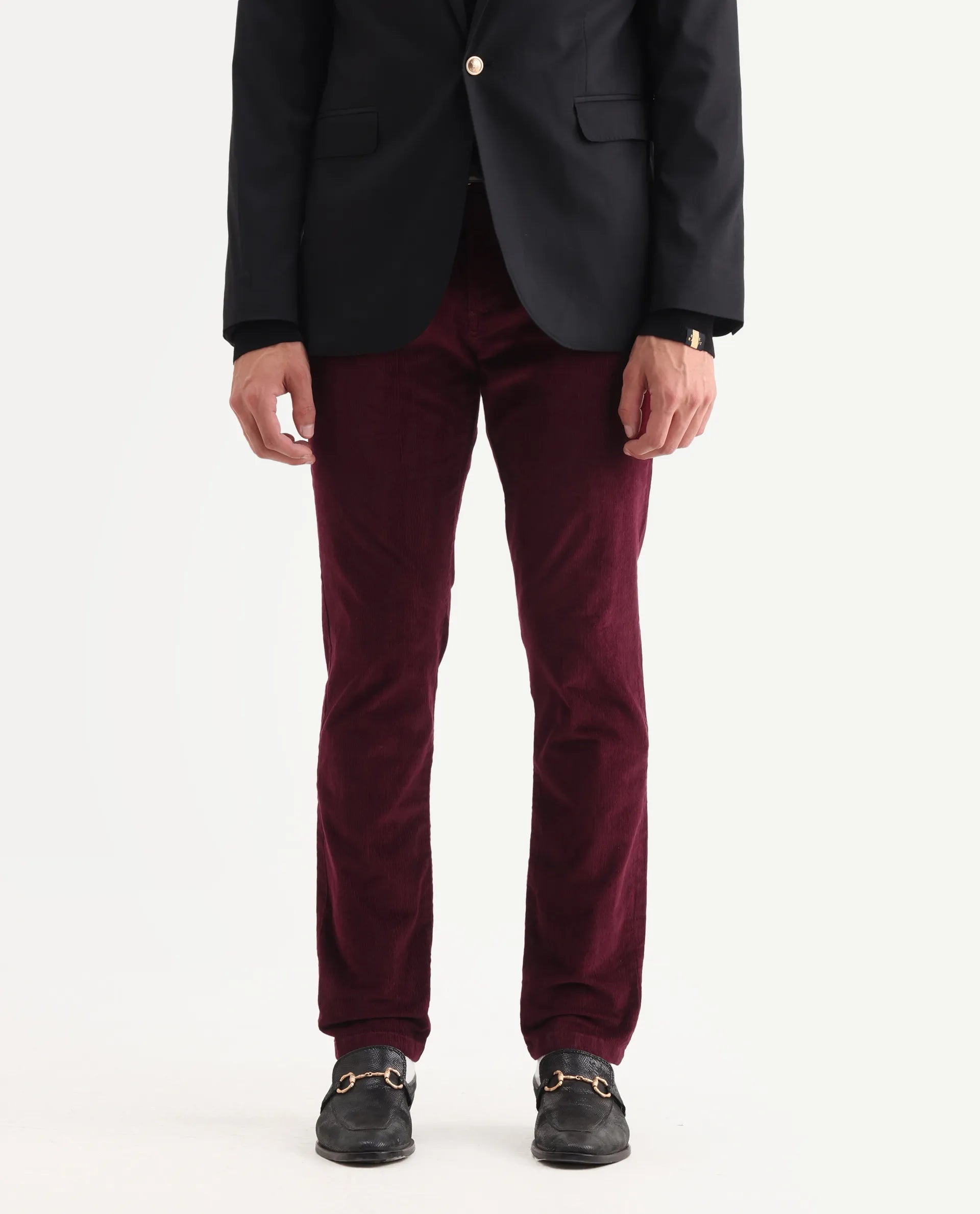 Rare Rabbit Men's Upton Maroon Cotton Plain Regular Fit Trouser