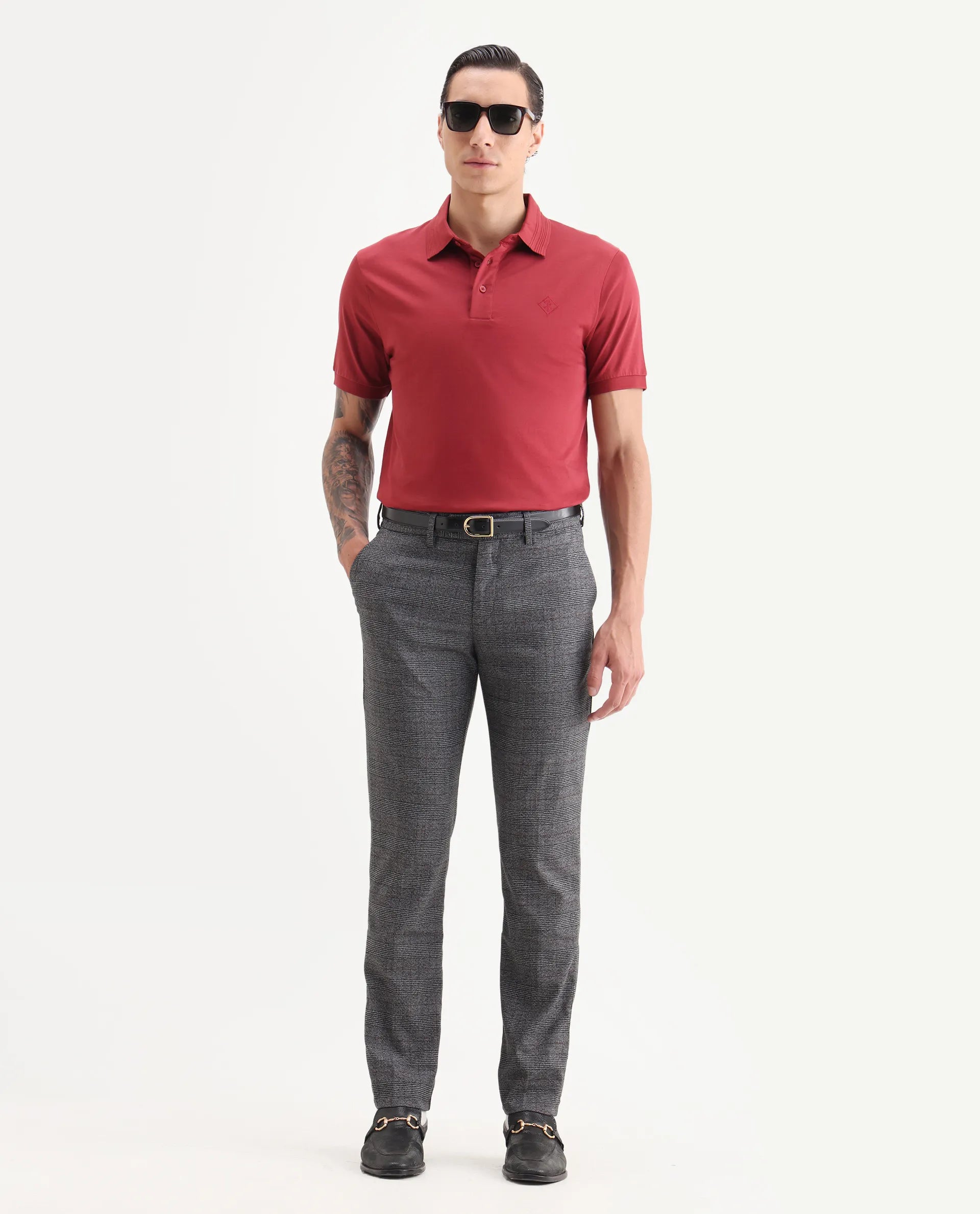 Rare Rabbit Men's Opal Dark Grey Polyester Checked Print Regular Fit Trouser