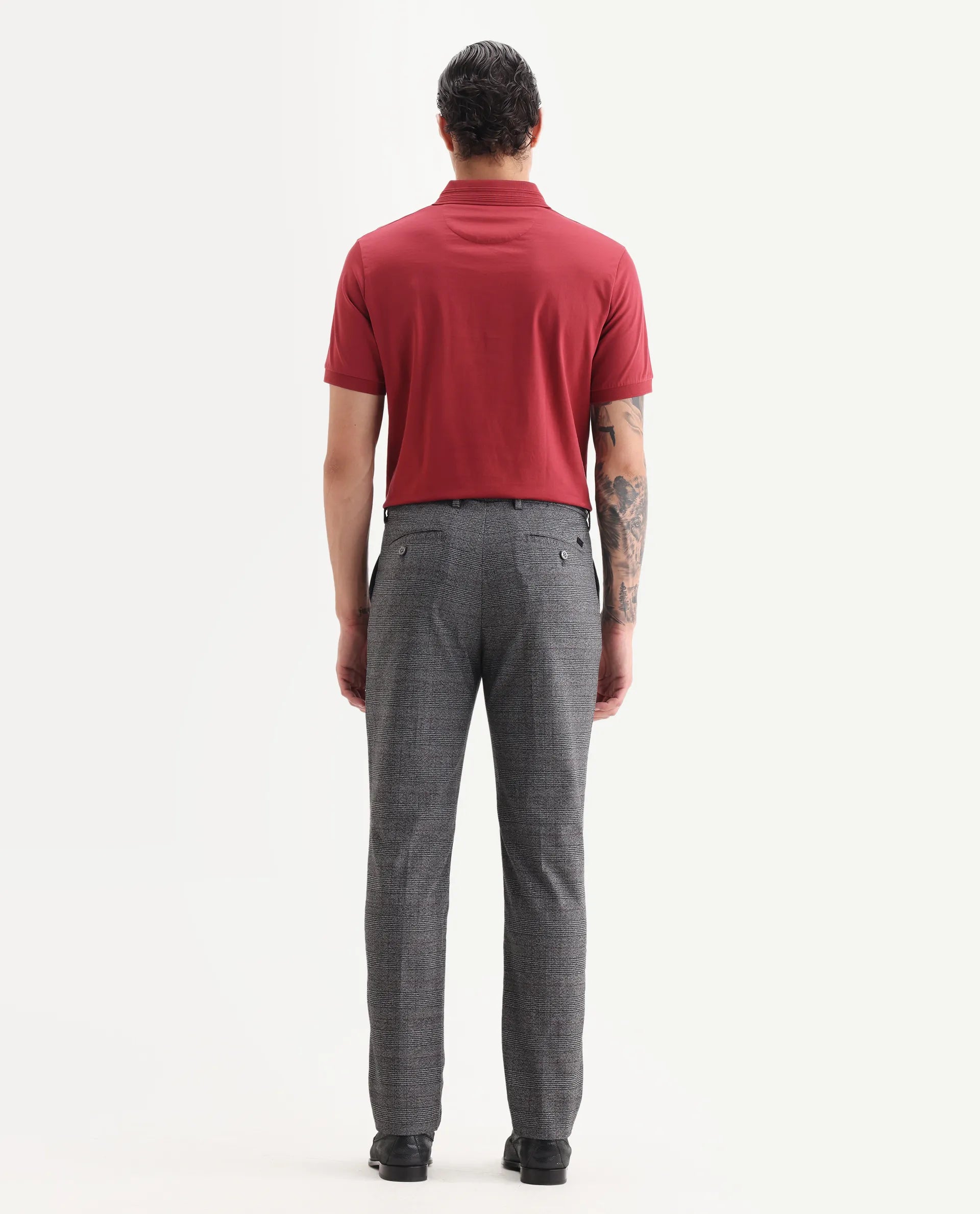 Rare Rabbit Men's Opal Dark Grey Polyester Checked Print Regular Fit Trouser