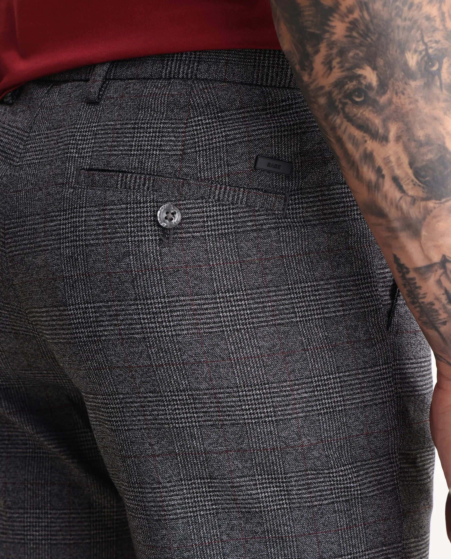 Rare Rabbit Men's Opal Dark Grey Polyester Checked Print Regular Fit Trouser