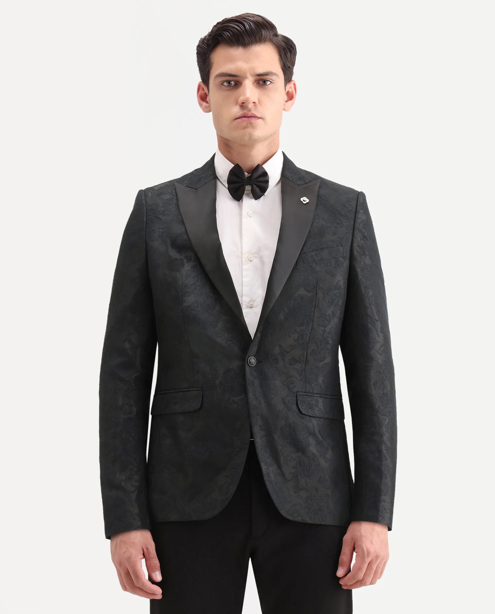Rare Rabbit Men's Boxton Black Polyester Jacquard Tailored Fit Full Sleeve Lapel Neck Blazer