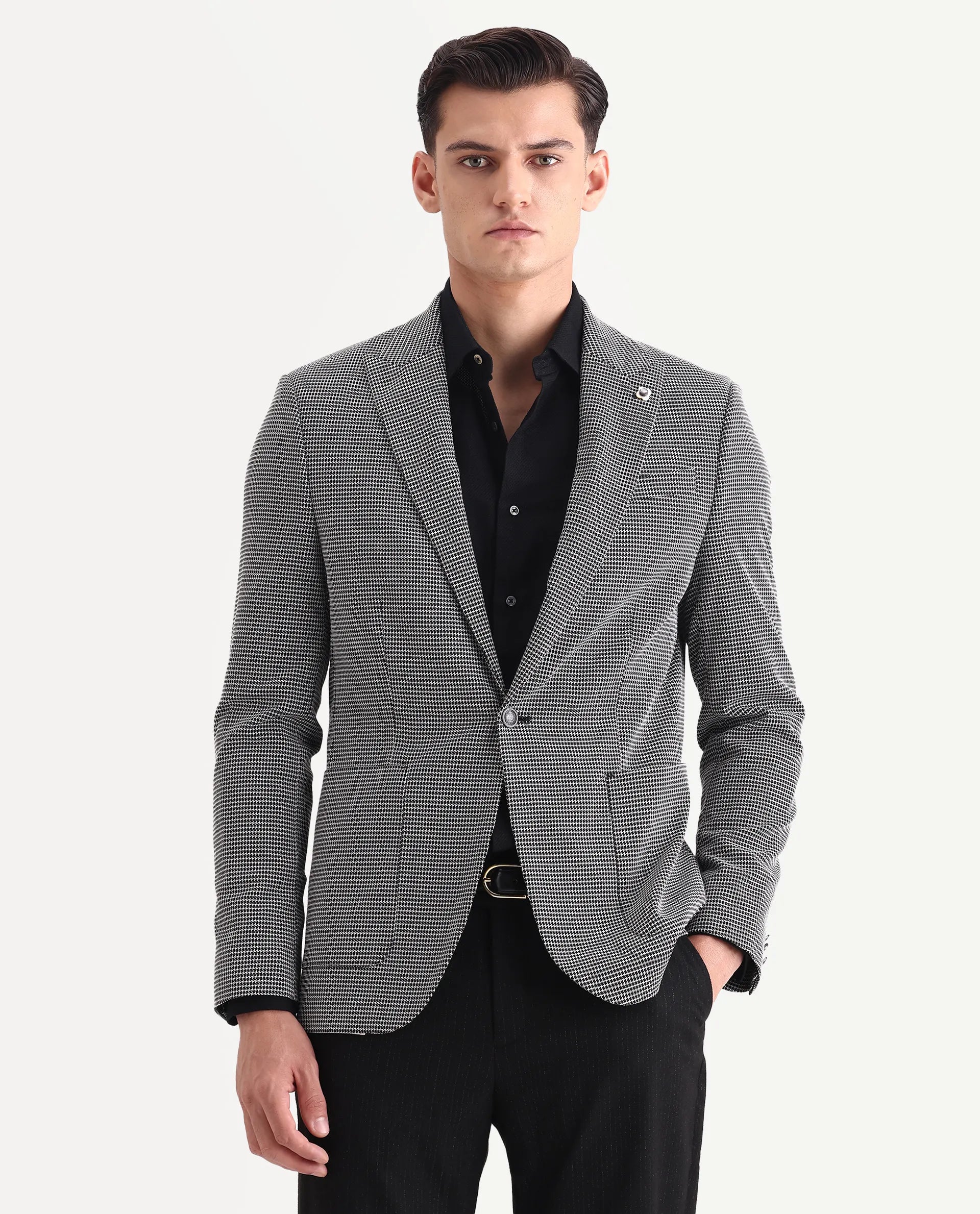 Rare Rabbit Men's Mellion Black Polyester Jacquard Tailored Fit Full Sleeve Lapel Neck Blazer