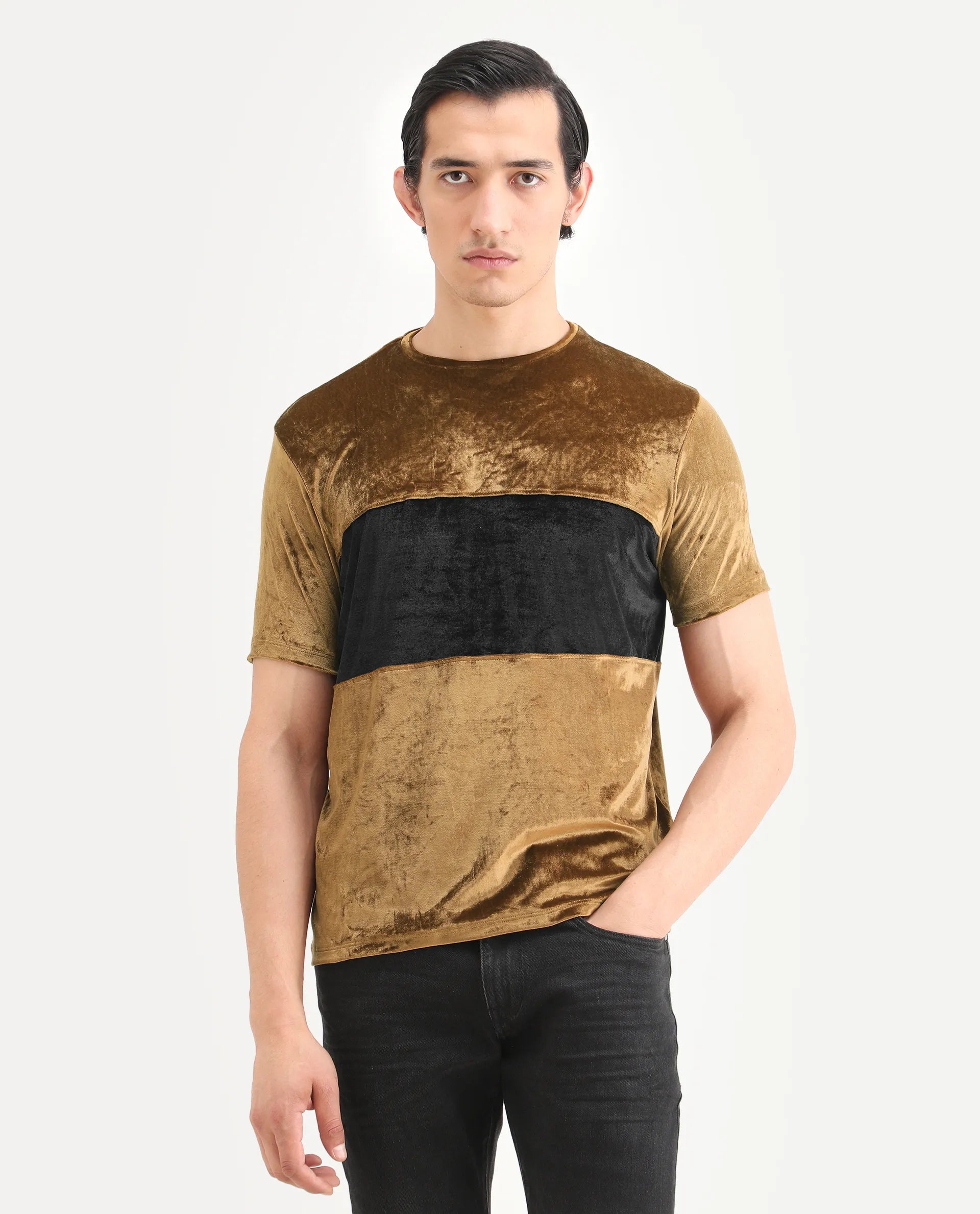 Rare Rabbit Men's Timos Mustard Velvet Ombre Slim Fit Half Sleeve Crew Neck T-Shirt
