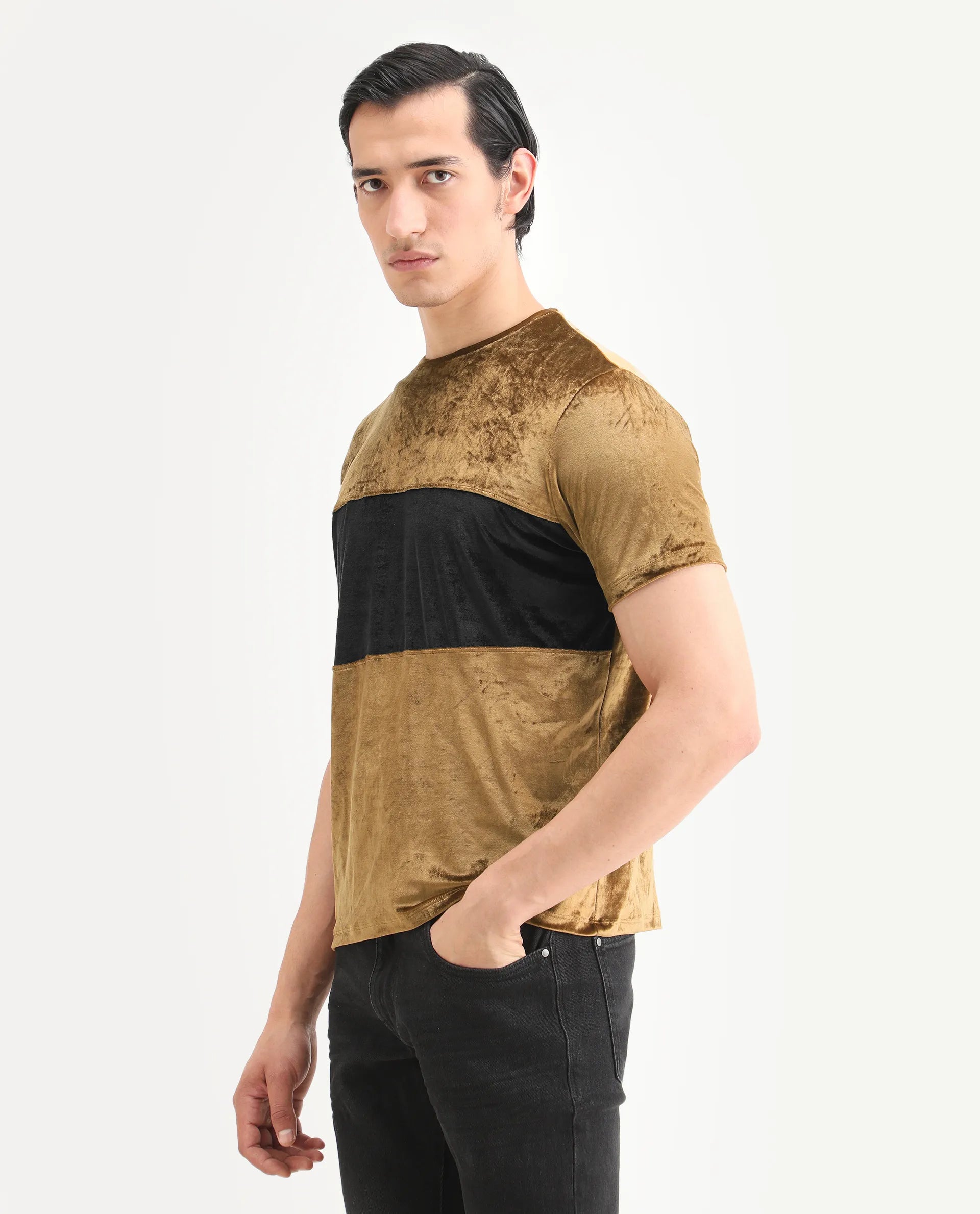 Rare Rabbit Men's Timos Mustard Velvet Ombre Slim Fit Half Sleeve Crew Neck T-Shirt