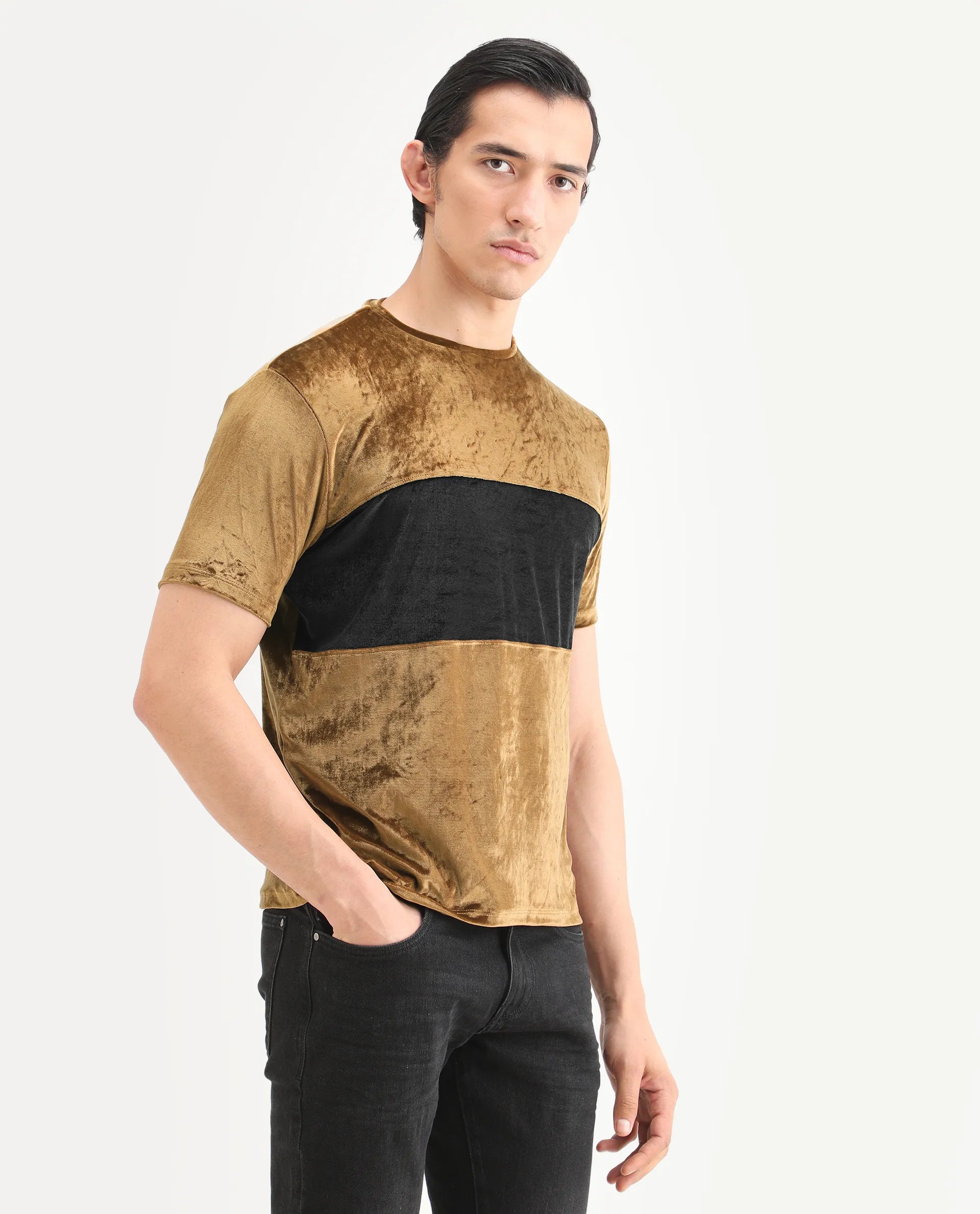 Rare Rabbit Men's Timos Mustard Velvet Ombre Slim Fit Half Sleeve Crew Neck T-Shirt