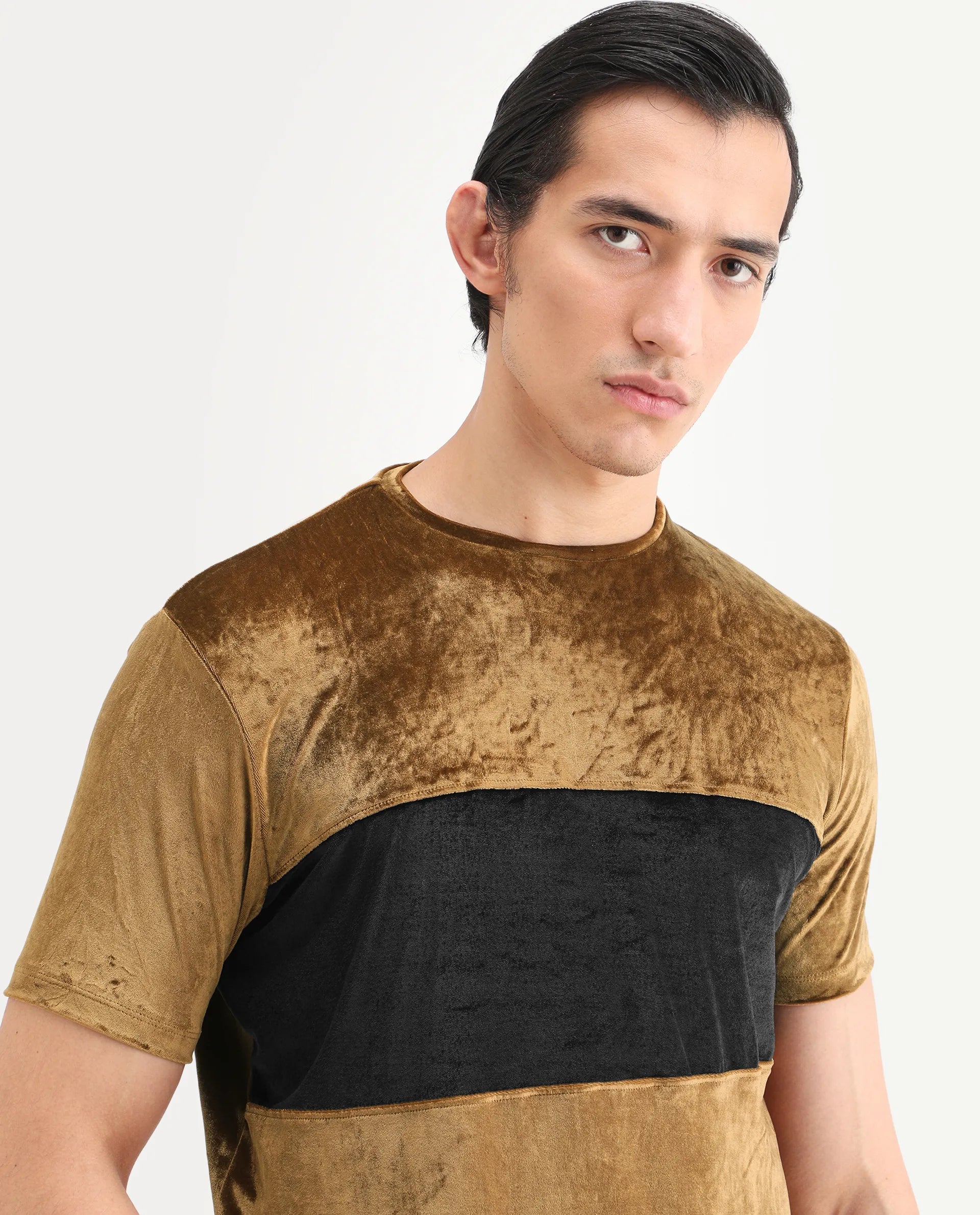 Rare Rabbit Men's Timos Mustard Velvet Ombre Slim Fit Half Sleeve Crew Neck T-Shirt