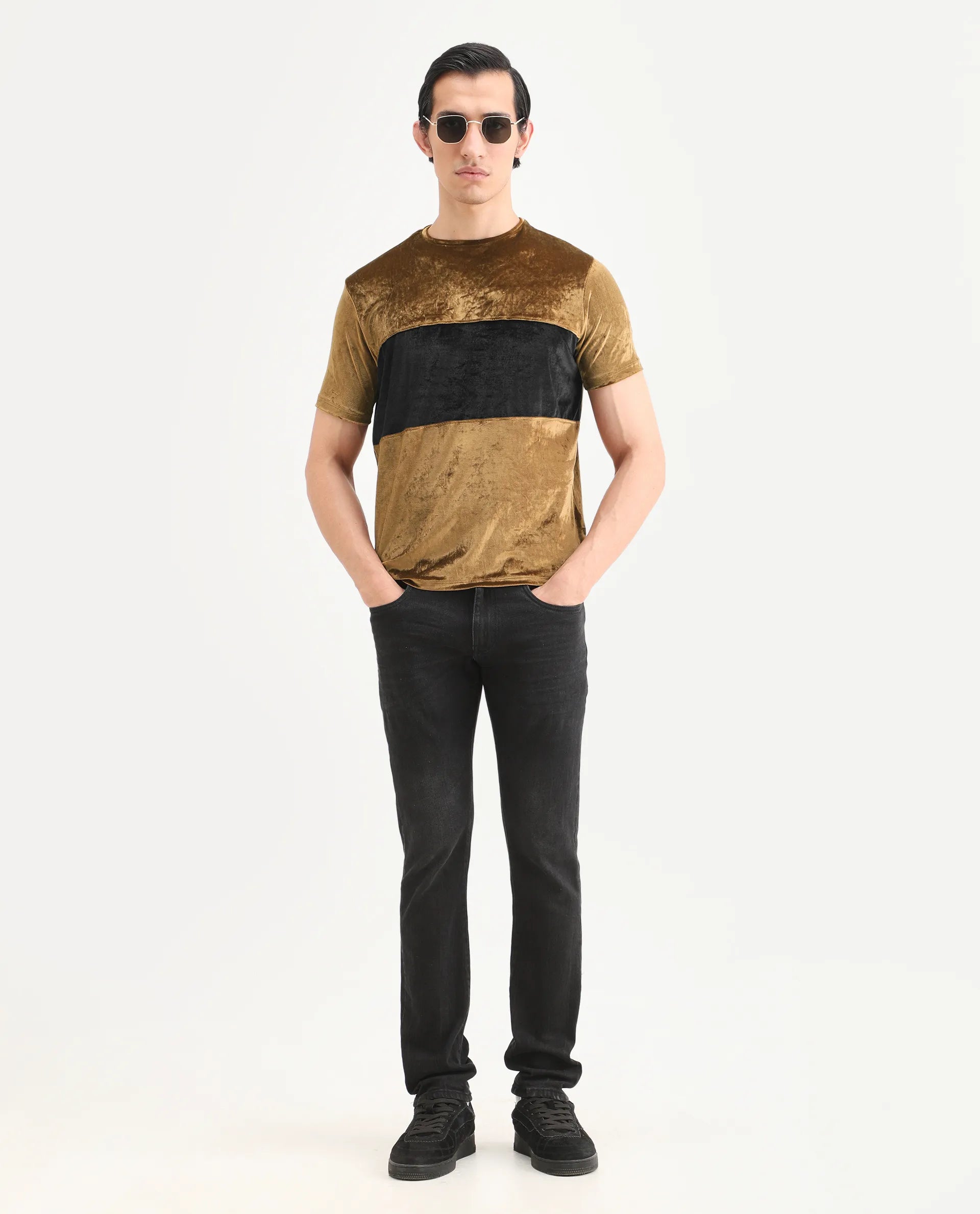 Rare Rabbit Men's Timos Mustard Velvet Ombre Slim Fit Half Sleeve Crew Neck T-Shirt