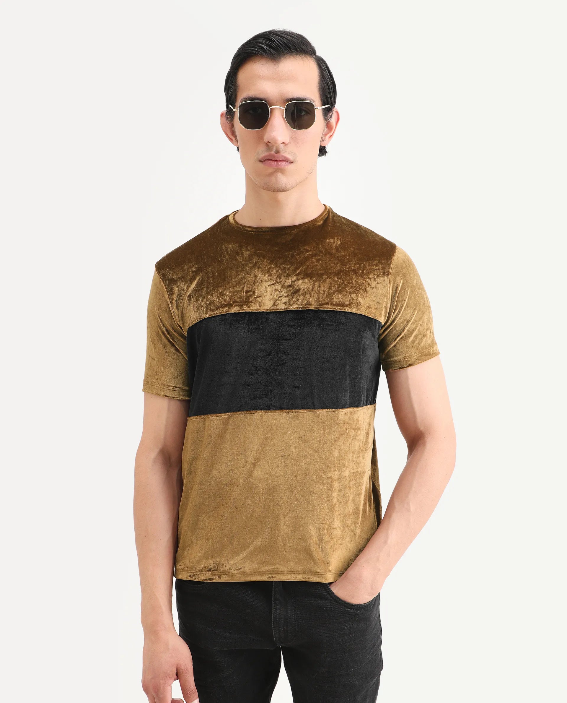Rare Rabbit Men's Timos Mustard Velvet Ombre Slim Fit Half Sleeve Crew Neck T-Shirt