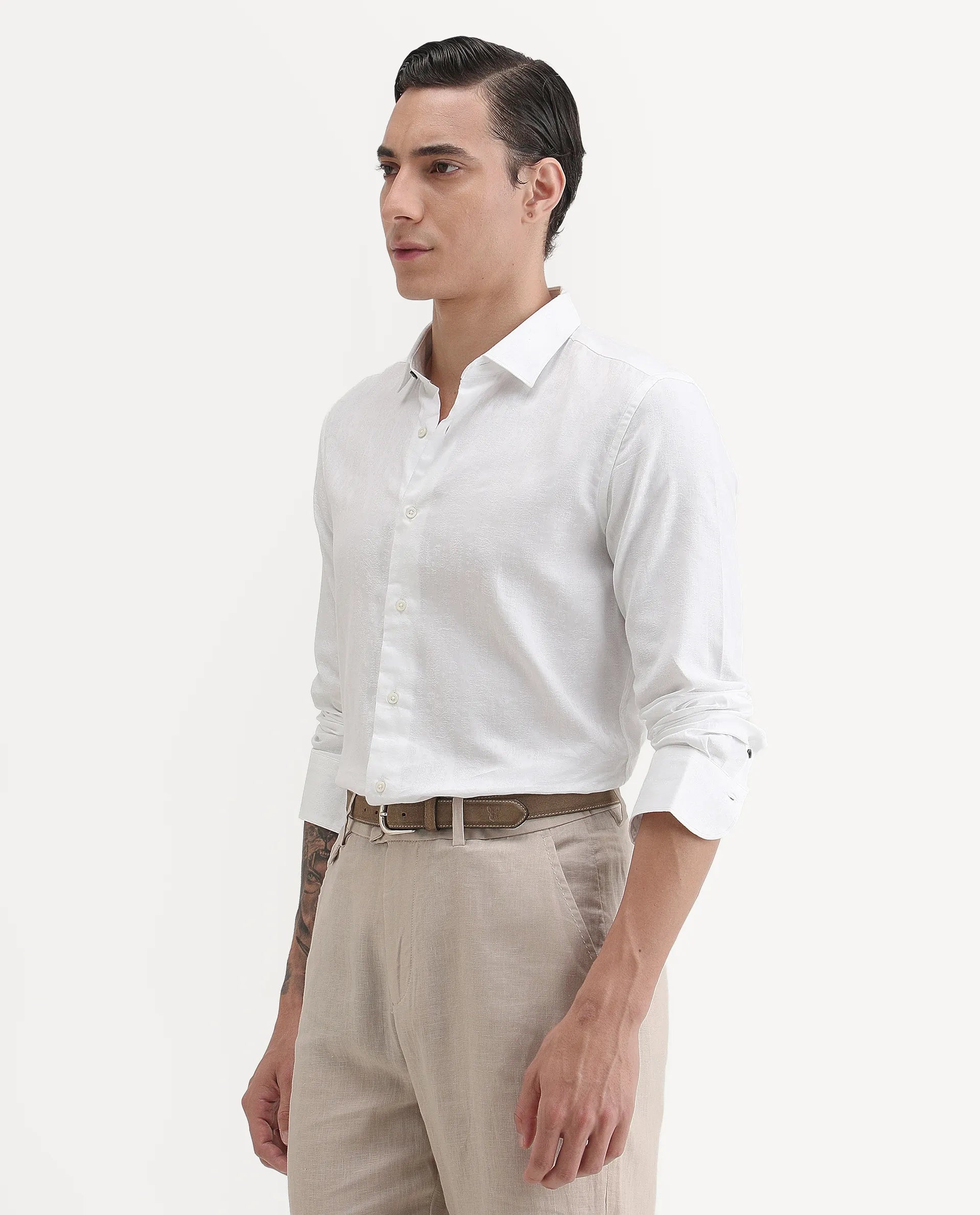 Rare Rabbit Men's Cina White Cotton Jacquard Regular Fit Full Sleeve Spread Collar Shirt