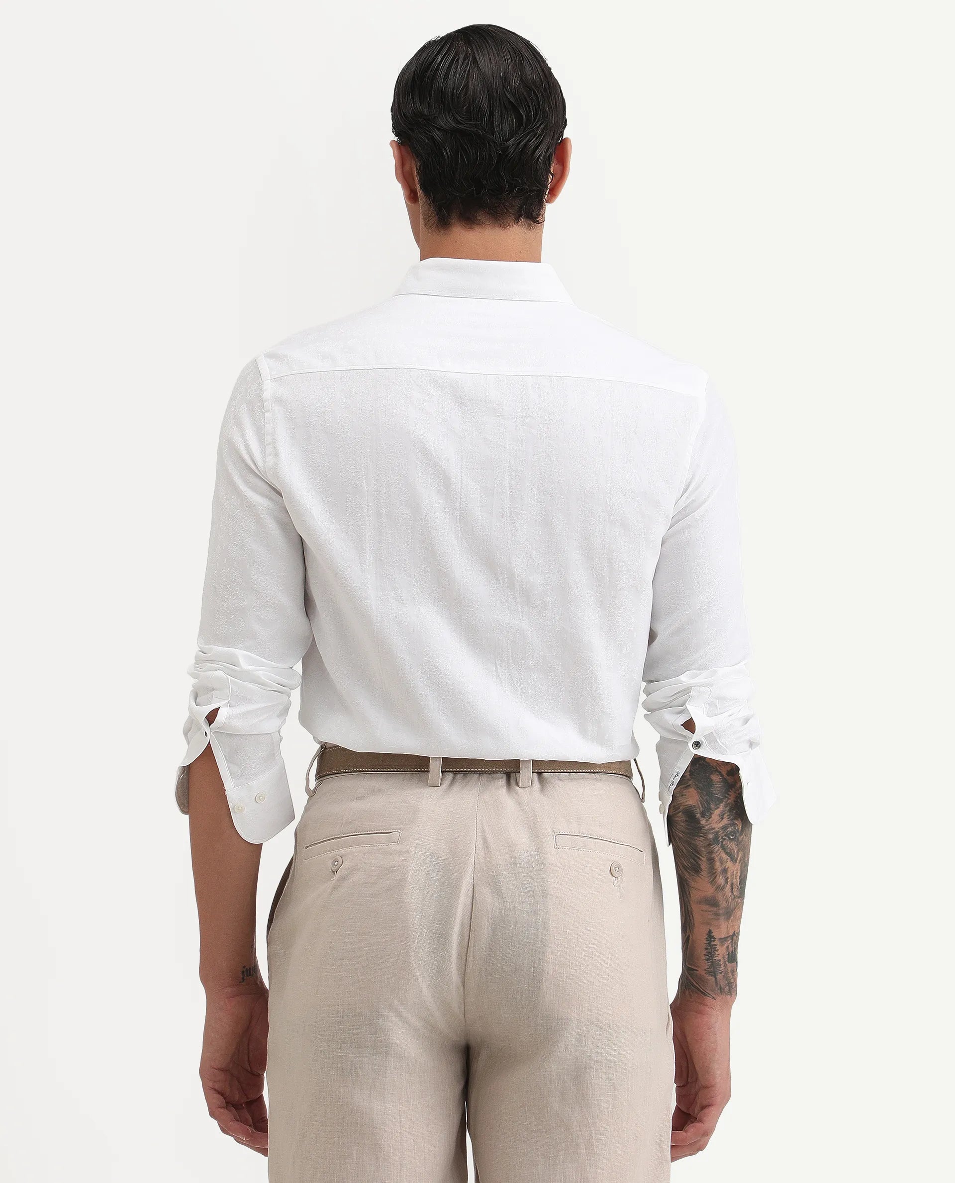 Rare Rabbit Men's Cina White Cotton Jacquard Regular Fit Full Sleeve Spread Collar Shirt