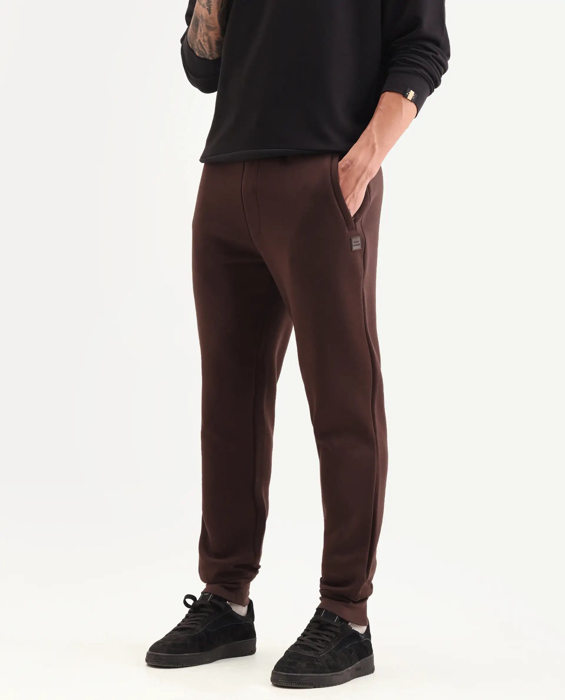 Rare Rabbit Men's Vik Brown Cotton Plain Regular Fit Joggers