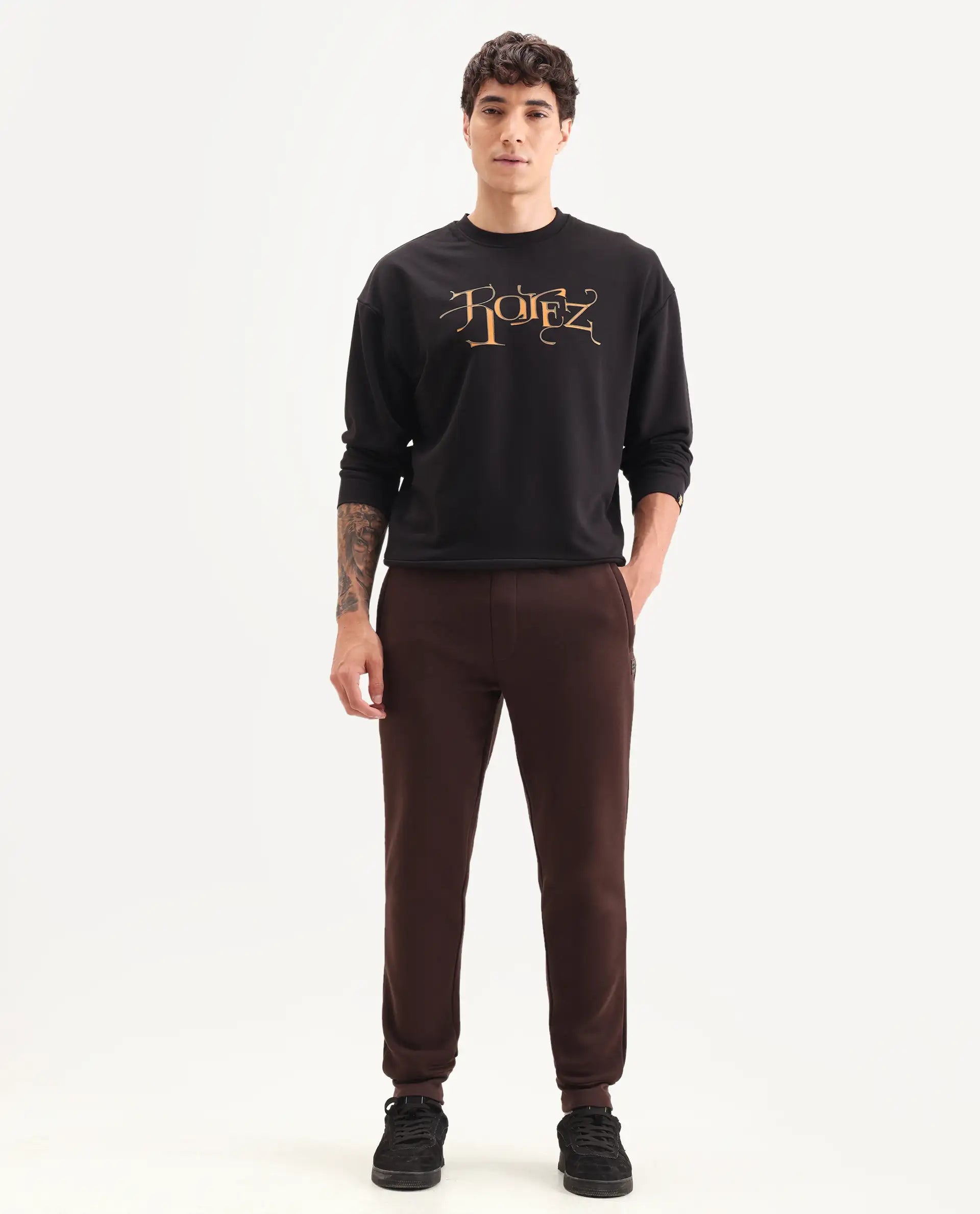 Rare Rabbit Men's Vik Brown Cotton Plain Regular Fit Joggers