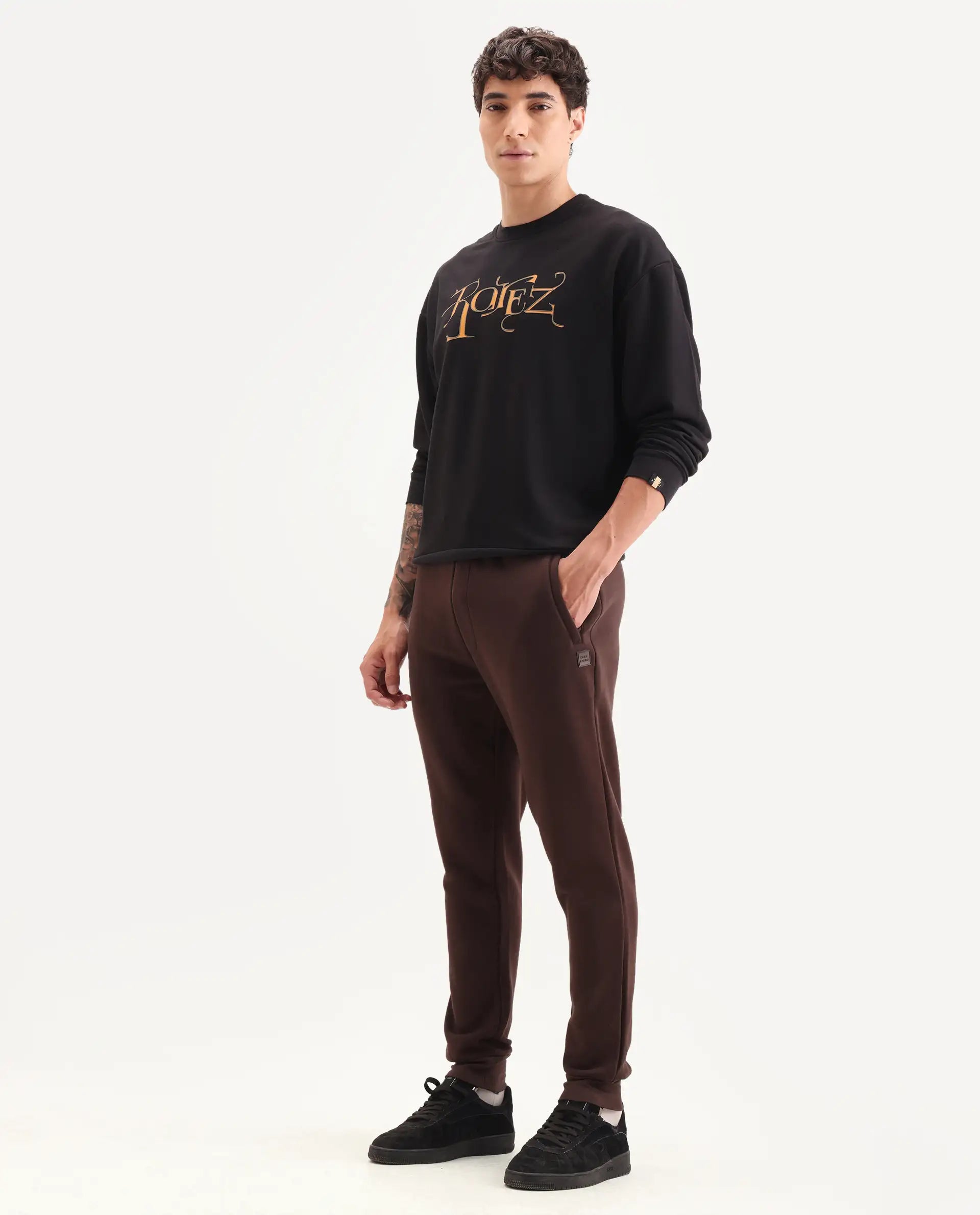 Rare Rabbit Men's Vik Brown Cotton Plain Regular Fit Joggers