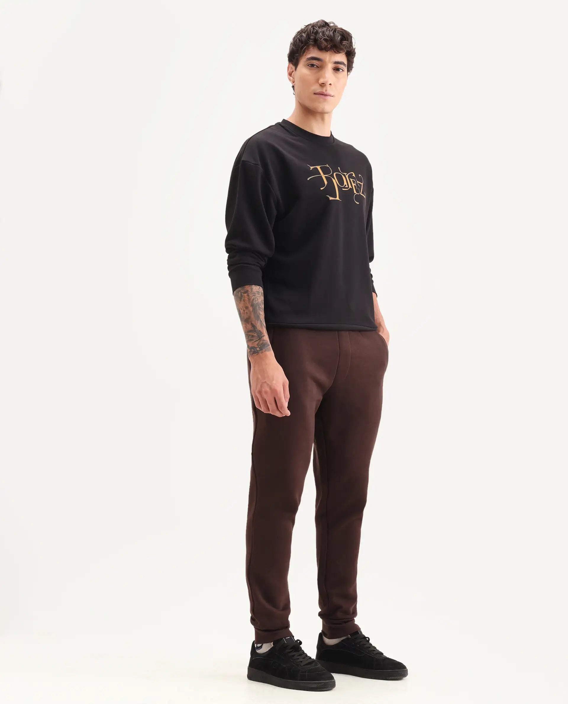 Rare Rabbit Men's Vik Brown Cotton Plain Regular Fit Joggers