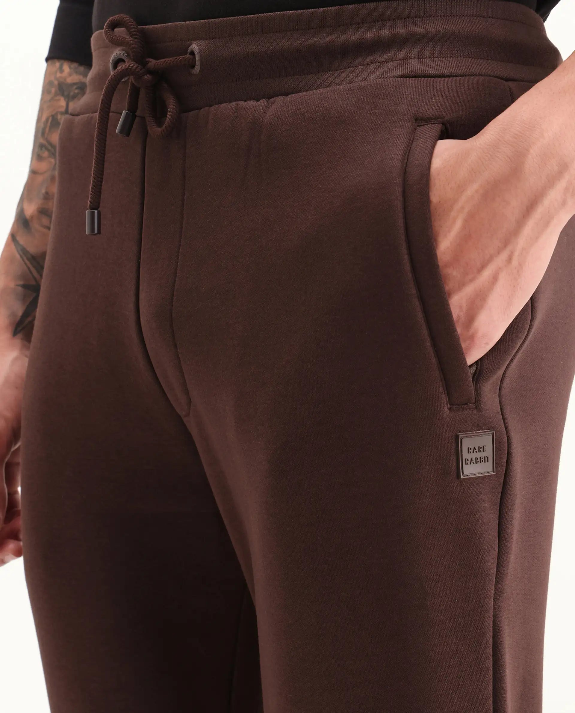 Rare Rabbit Men's Vik Brown Cotton Plain Regular Fit Joggers