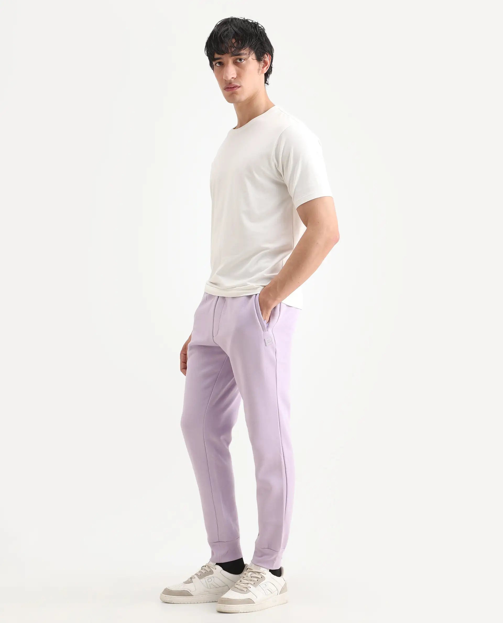 Rare Rabbit Men's Castle Bay Pastel Purple Cotton Plain Regular Fit Joggers