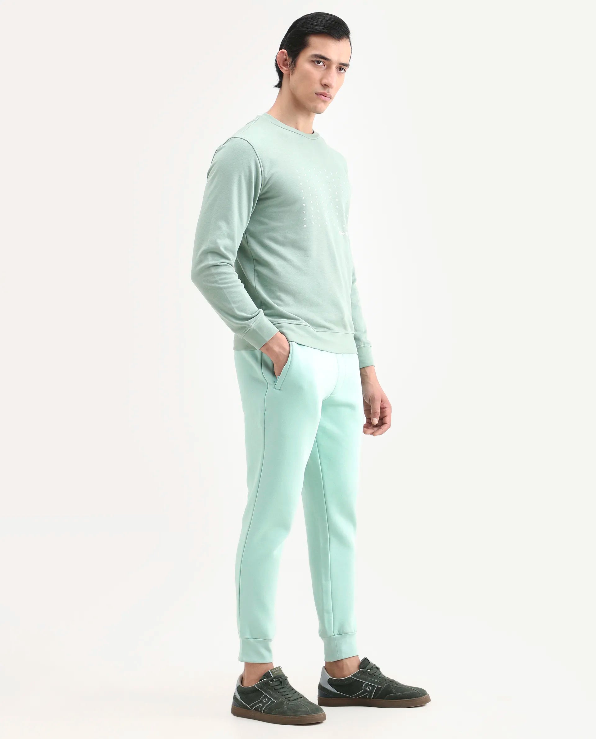 Rare Rabbit Men's Faroe Light Green Cotton Plain Regular Fit Track Pant