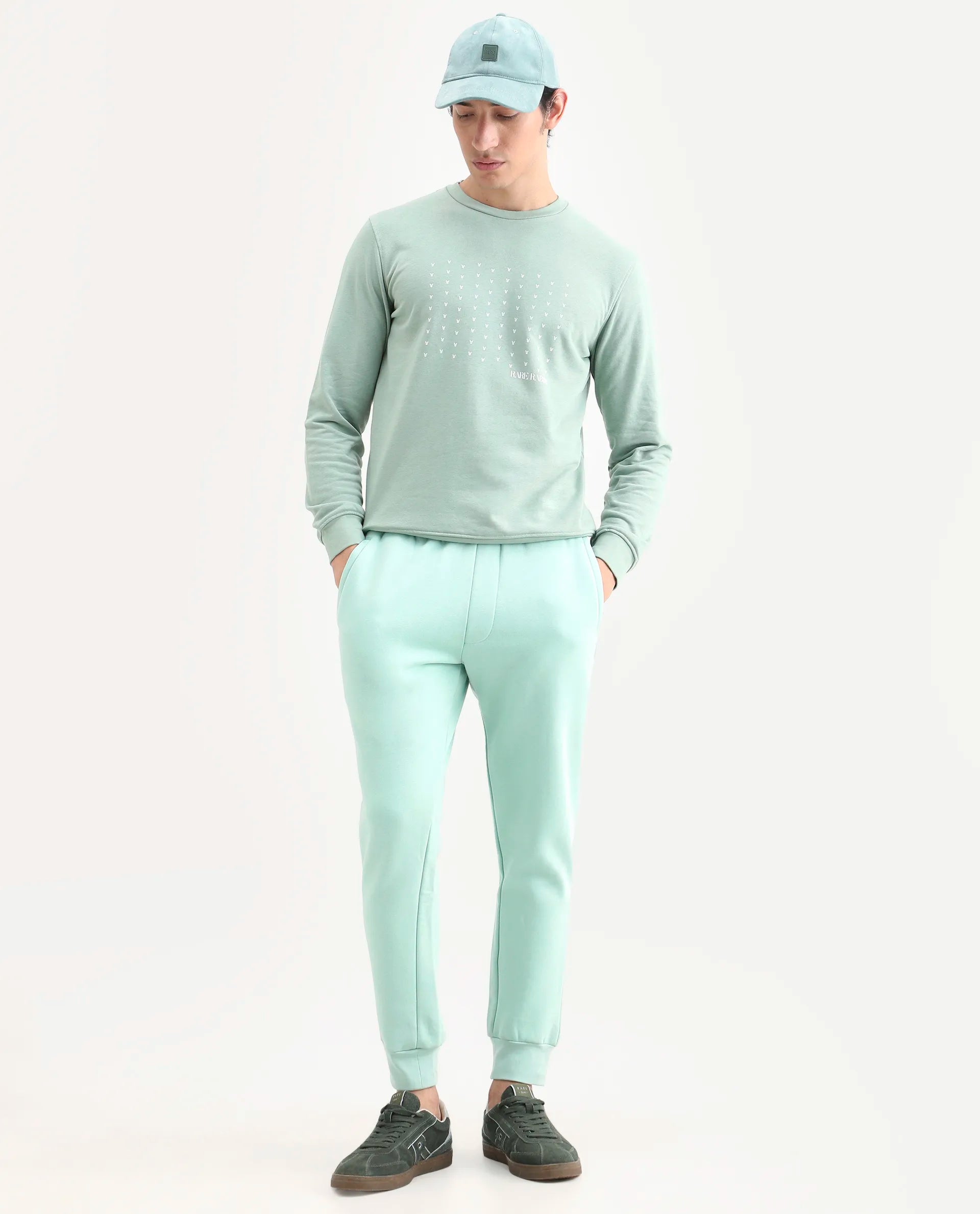 Rare Rabbit Men's Faroe Light Green Cotton Plain Regular Fit Joggers