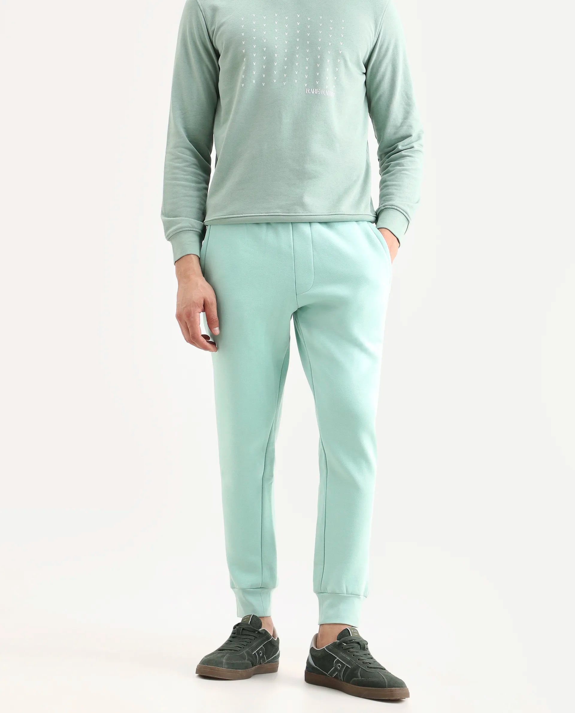 Rare Rabbit Men's Faroe Light Green Cotton Plain Regular Fit Joggers