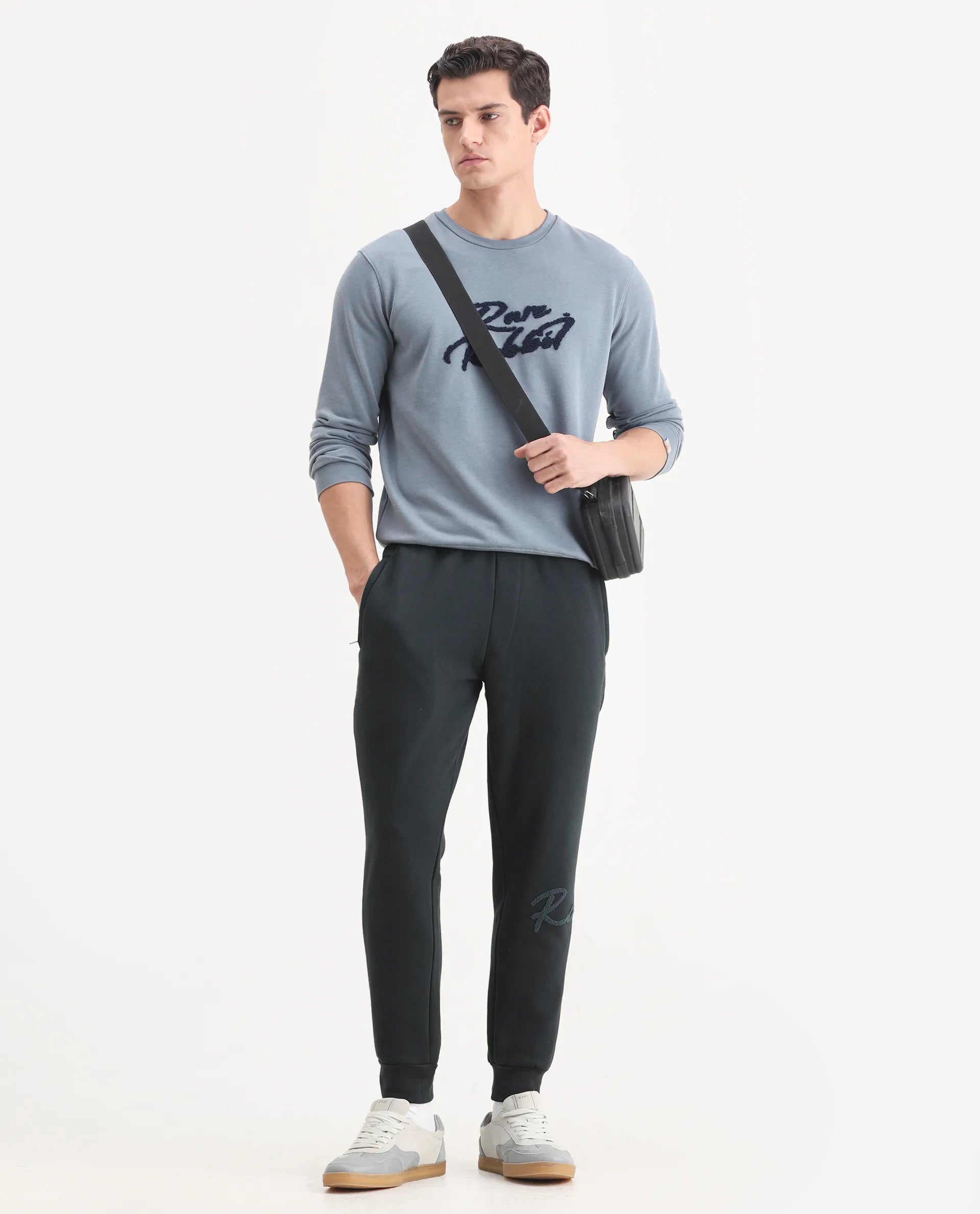 Rare Rabbit Men's Callan Dark Green Cotton Embroidered Regular Fit Track Pant