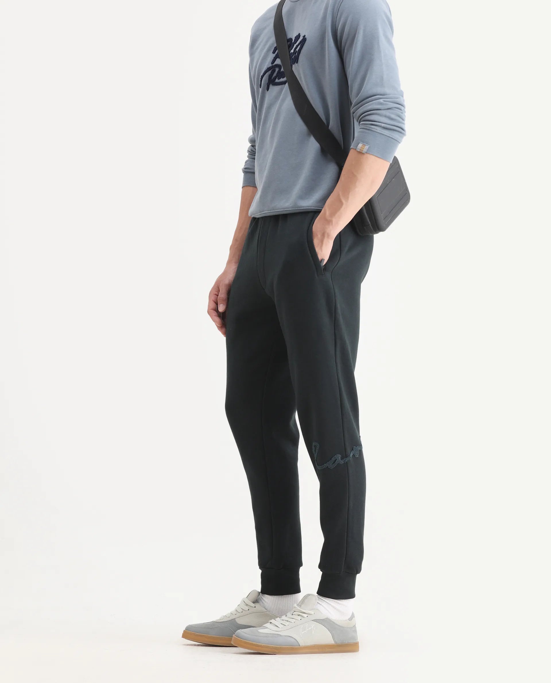 Rare Rabbit Men's Callan Dark Green Cotton Embroidered Regular Fit Track Pant