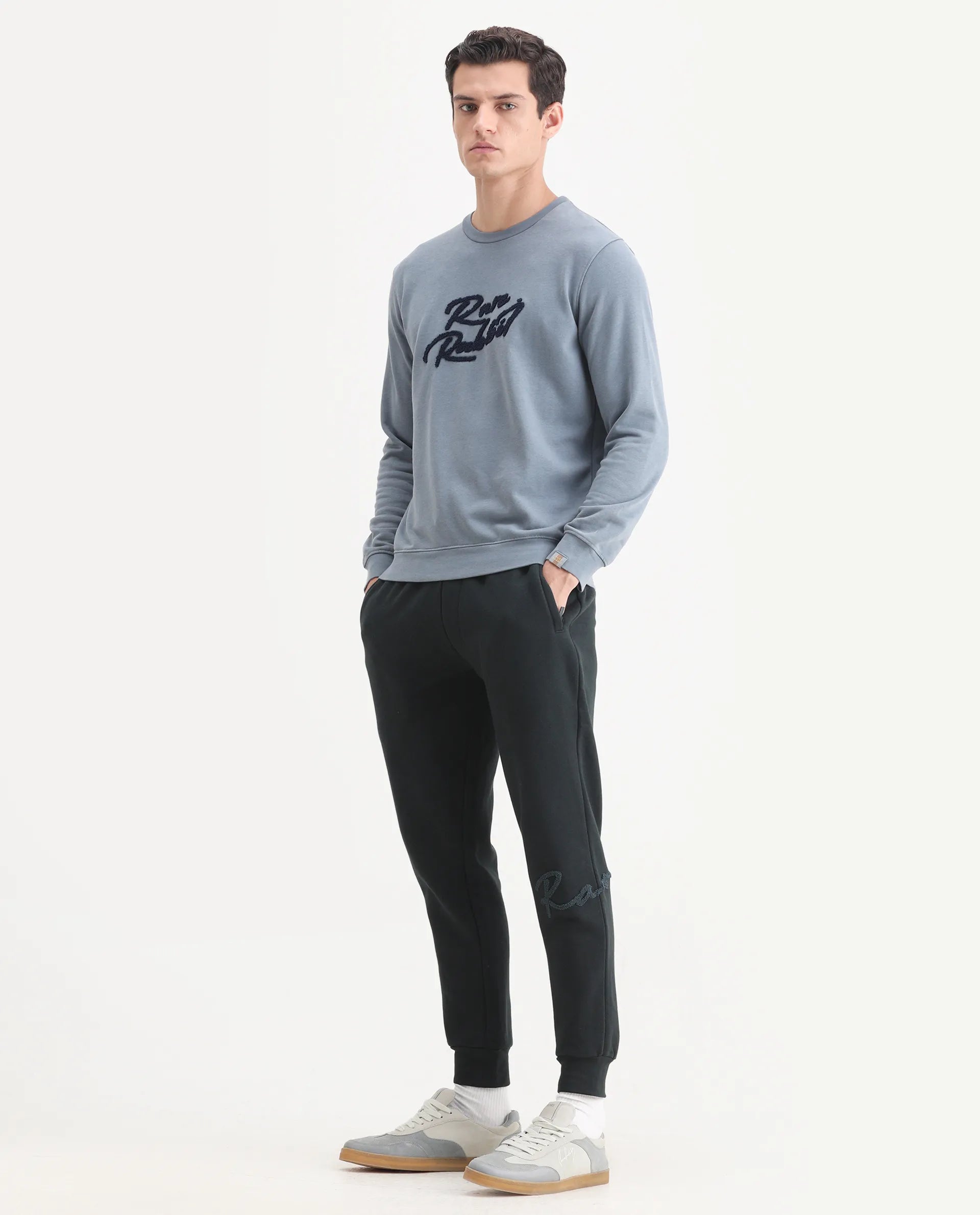 Rare Rabbit Men's Callan Dark Green Cotton Embroidered Regular Fit Track Pant