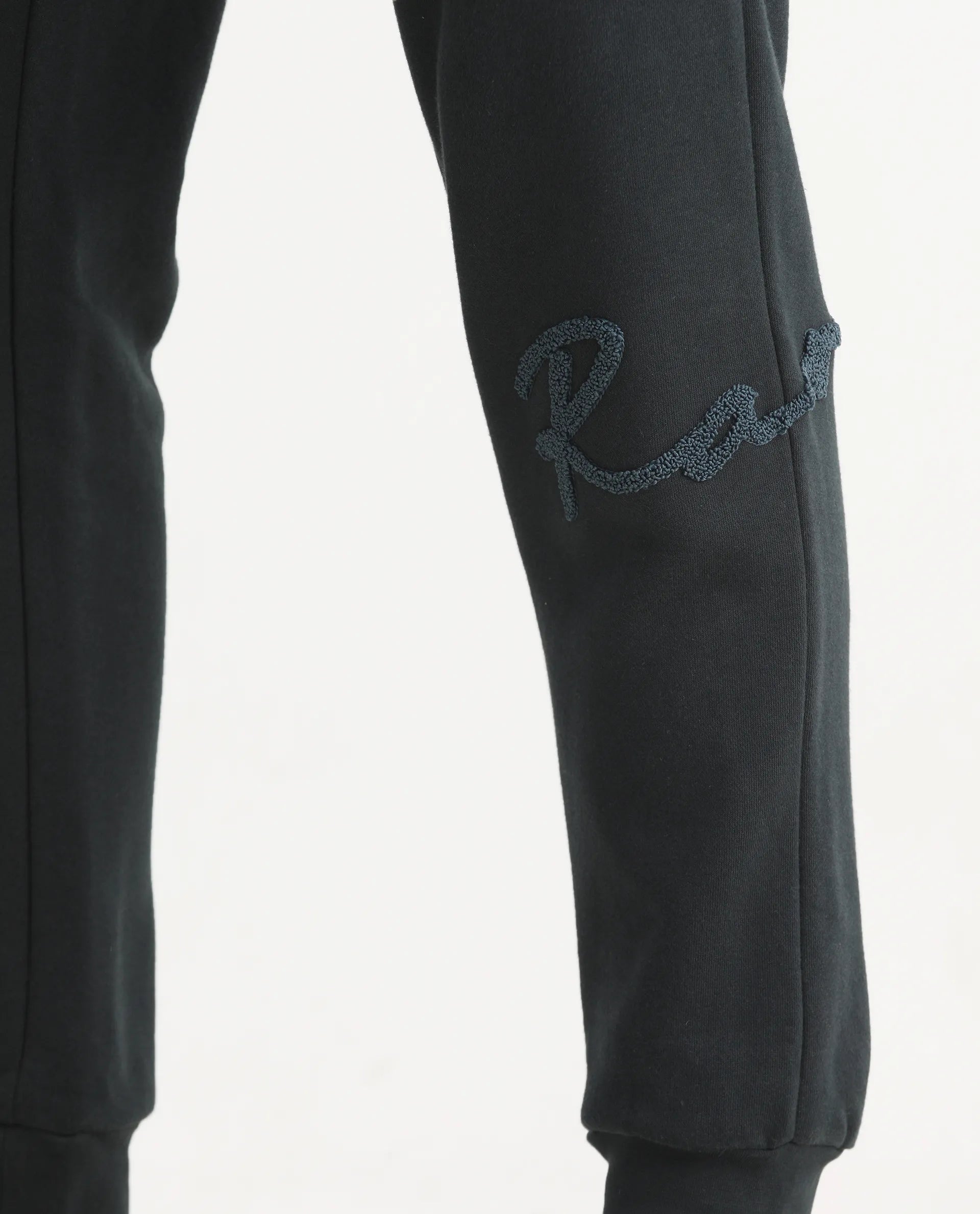 Rare Rabbit Men's Callan Dark Green Cotton Embroidered Regular Fit Joggers