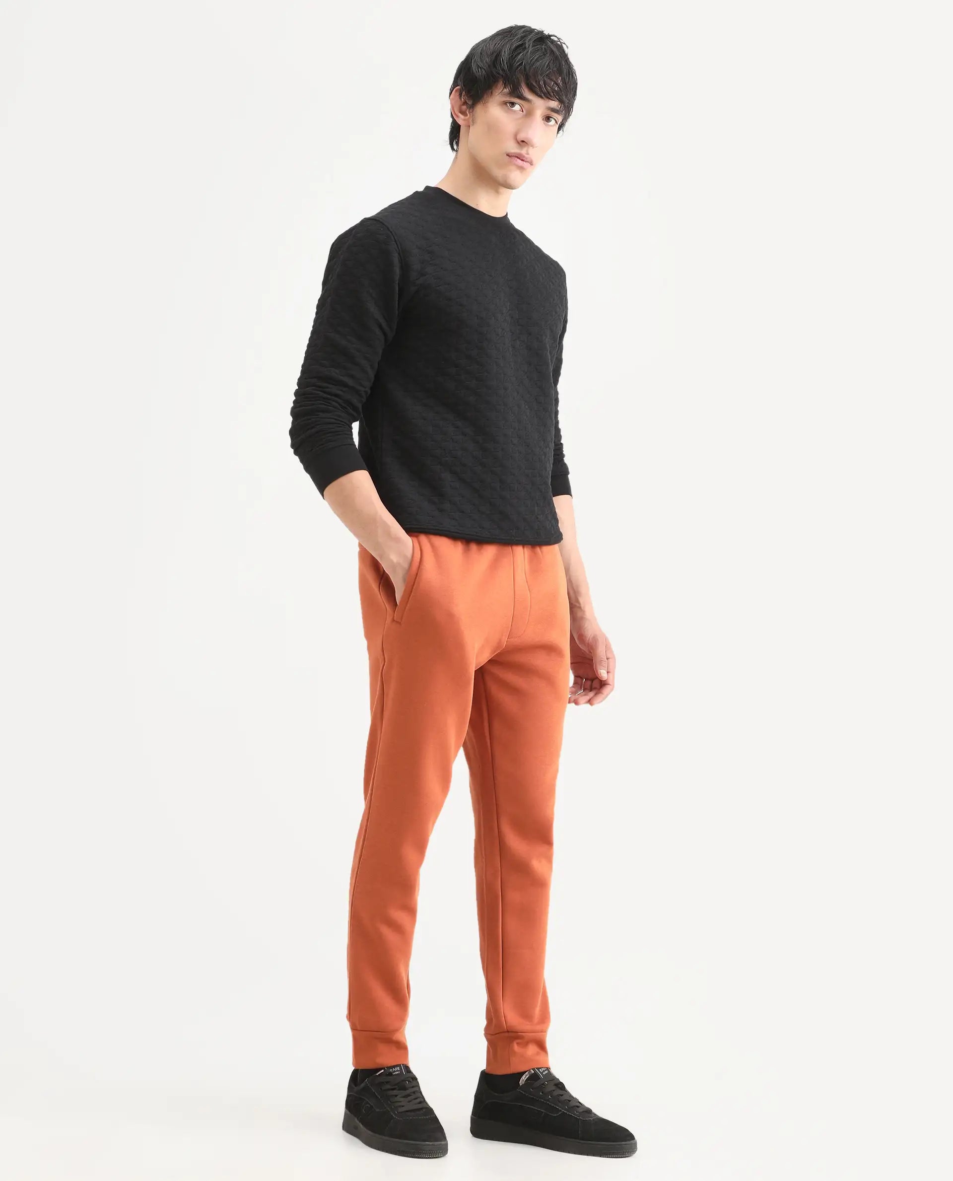 Rare Rabbit Men's Bifrost Rust Cotton Plain Regular Fit Joggers