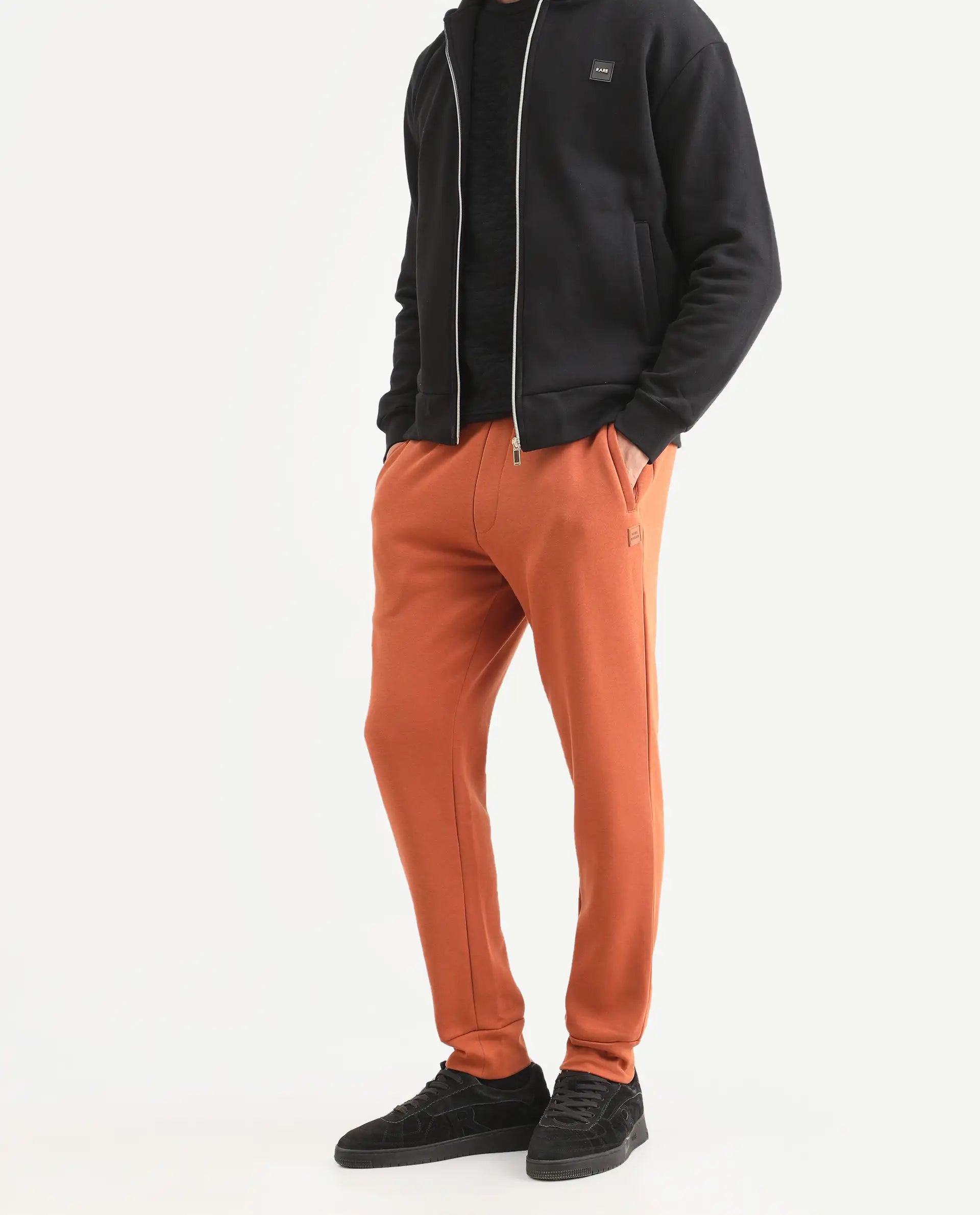 Rare Rabbit Men's Bifrost Rust Cotton Plain Regular Fit Joggers