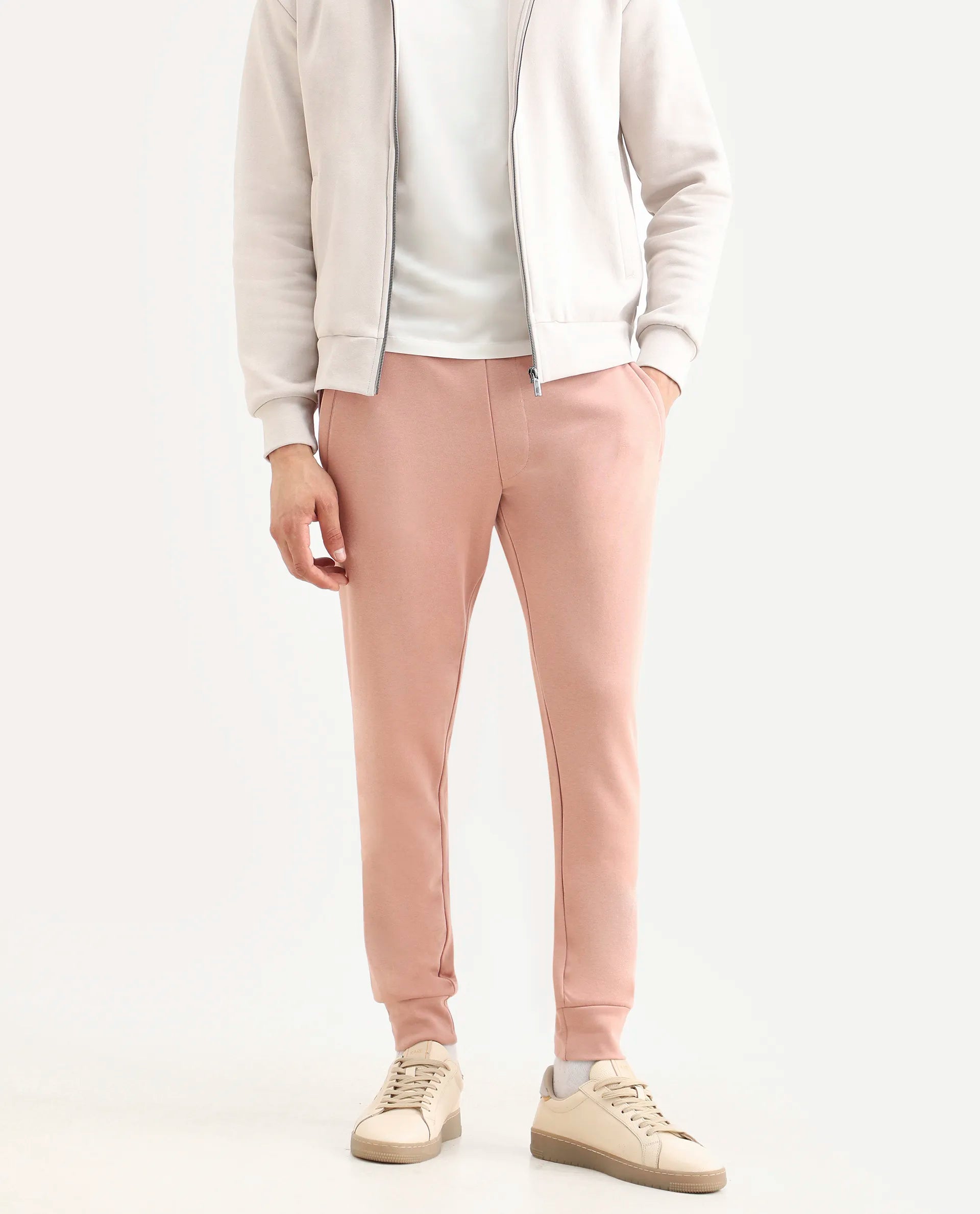 Rare Rabbit Men's Saku Peach Cotton Plain Regular Fit Joggers