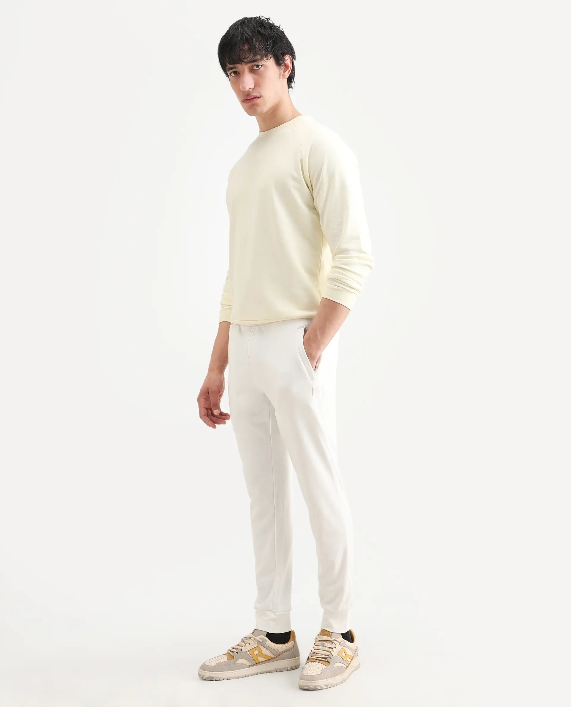 Rare Rabbit Men's Toyo Off White Cotton Plain Regular Fit Joggers