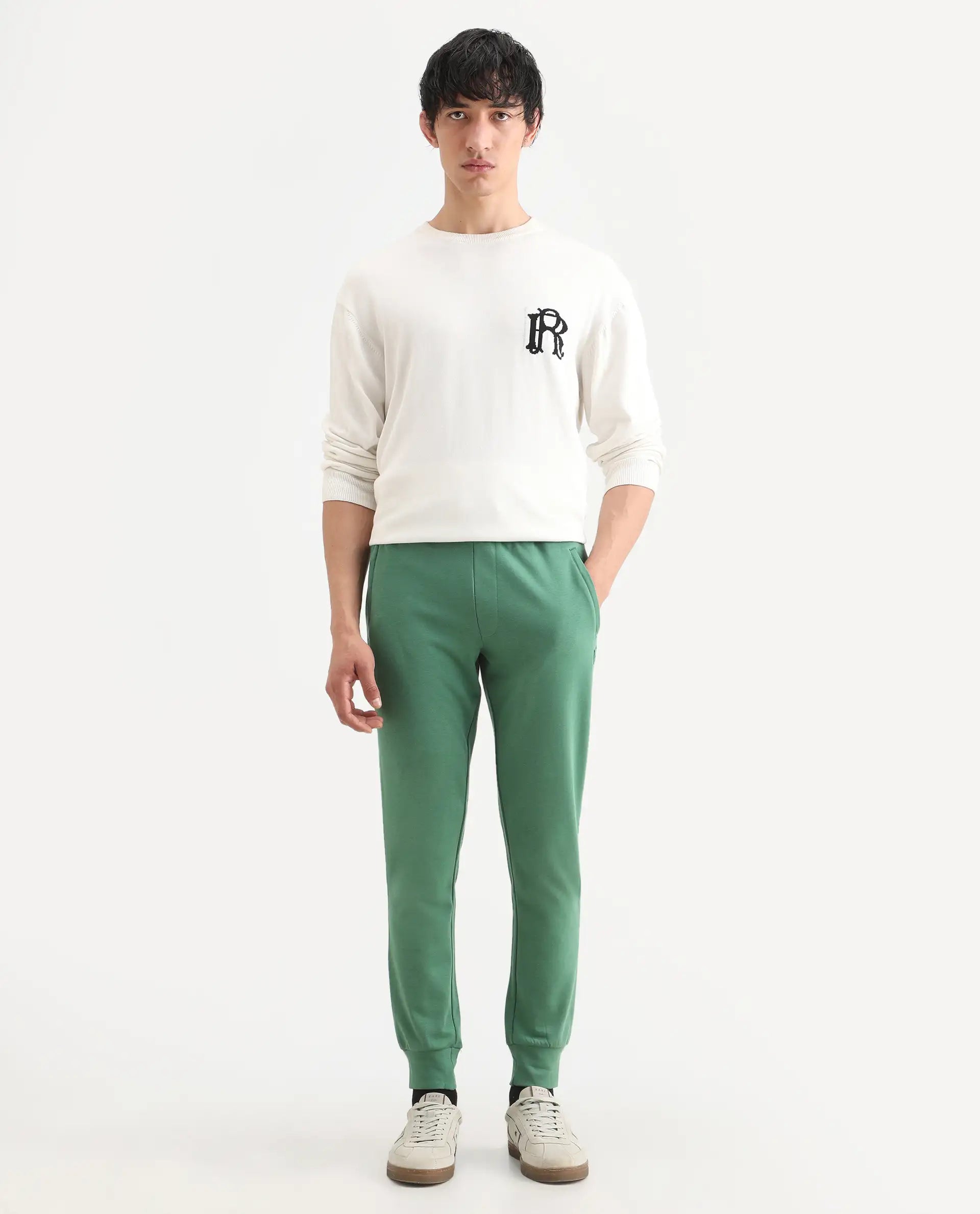 Rare Rabbit Men's Otari Green Cotton Plain Regular Fit Joggers