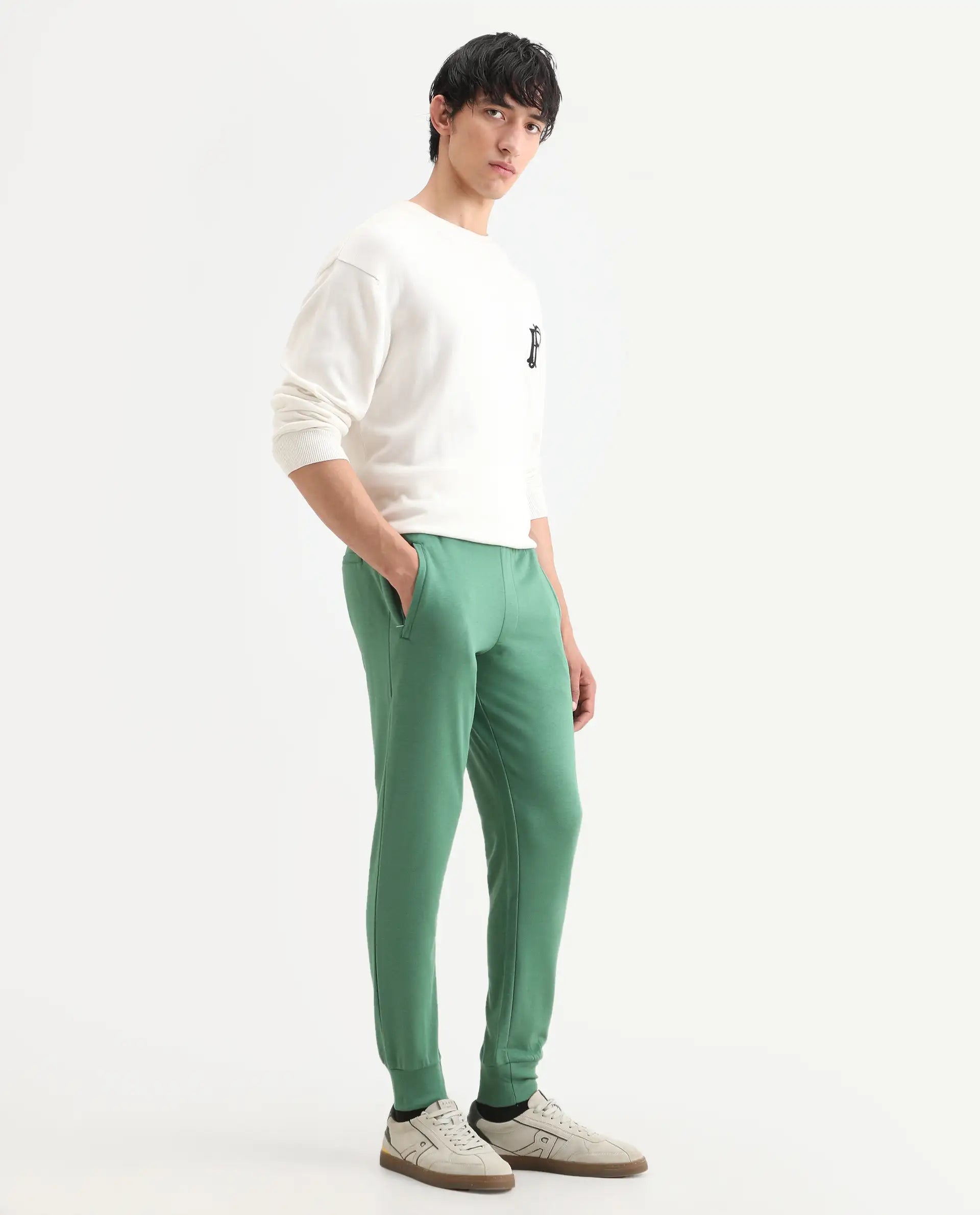 Rare Rabbit Men's Otari Green Cotton Plain Regular Fit Joggers