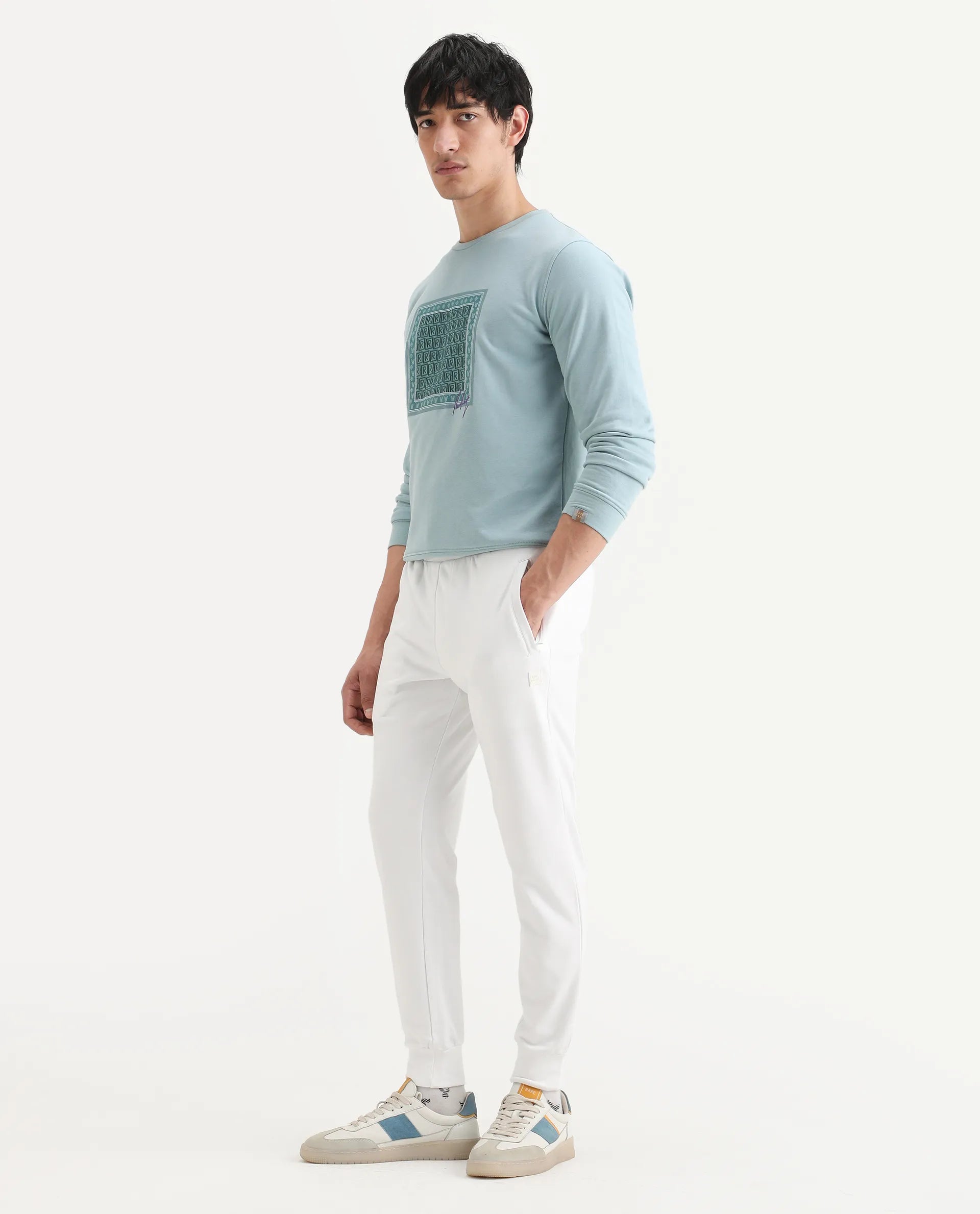 Rare Rabbit Men's Wimble White Cotton Plain Regular Fit Joggers