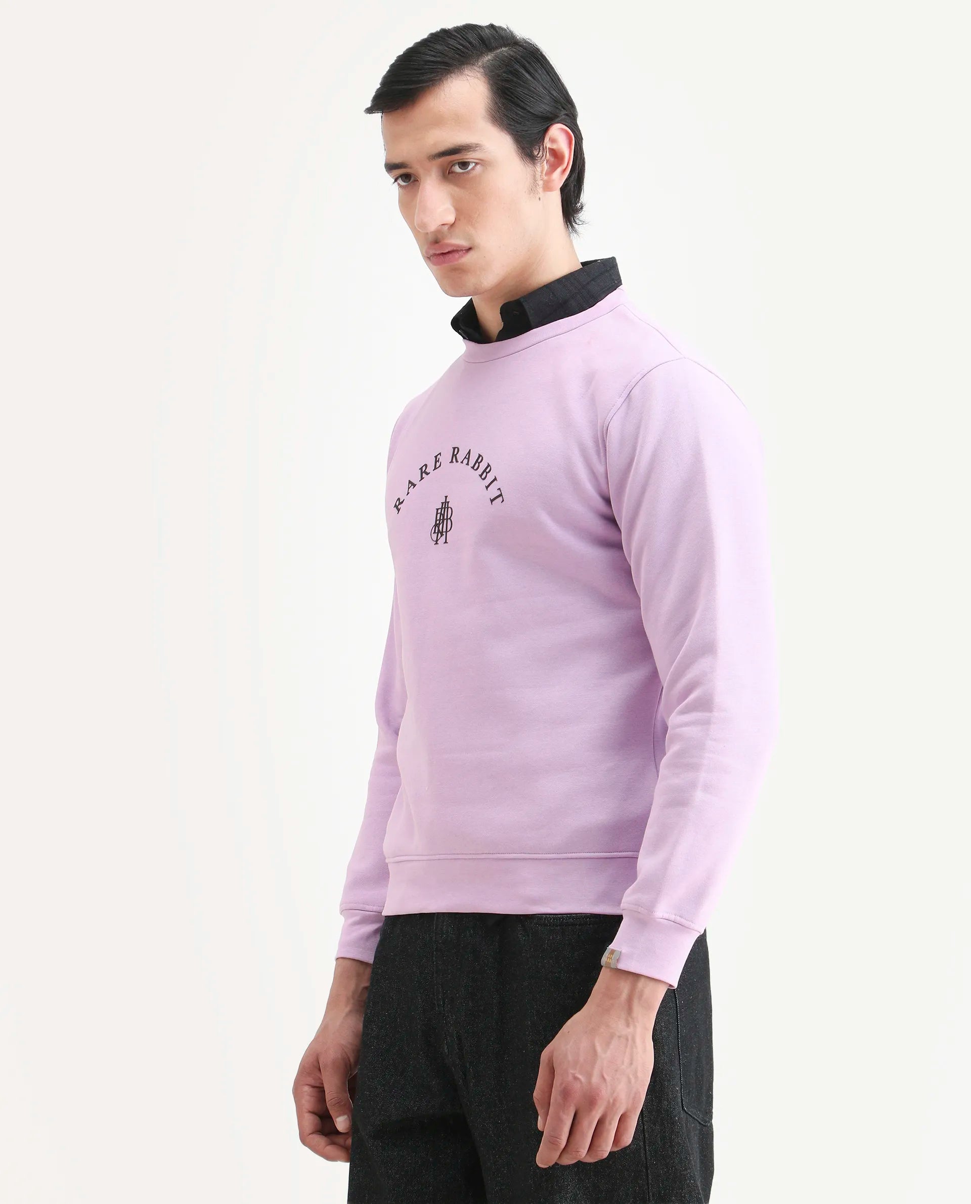 Rare Rabbit Men's Nomic Pastel Purple Cotton Graphic Print Regular Fit Full Sleeve Crew Neck Sweatshirt