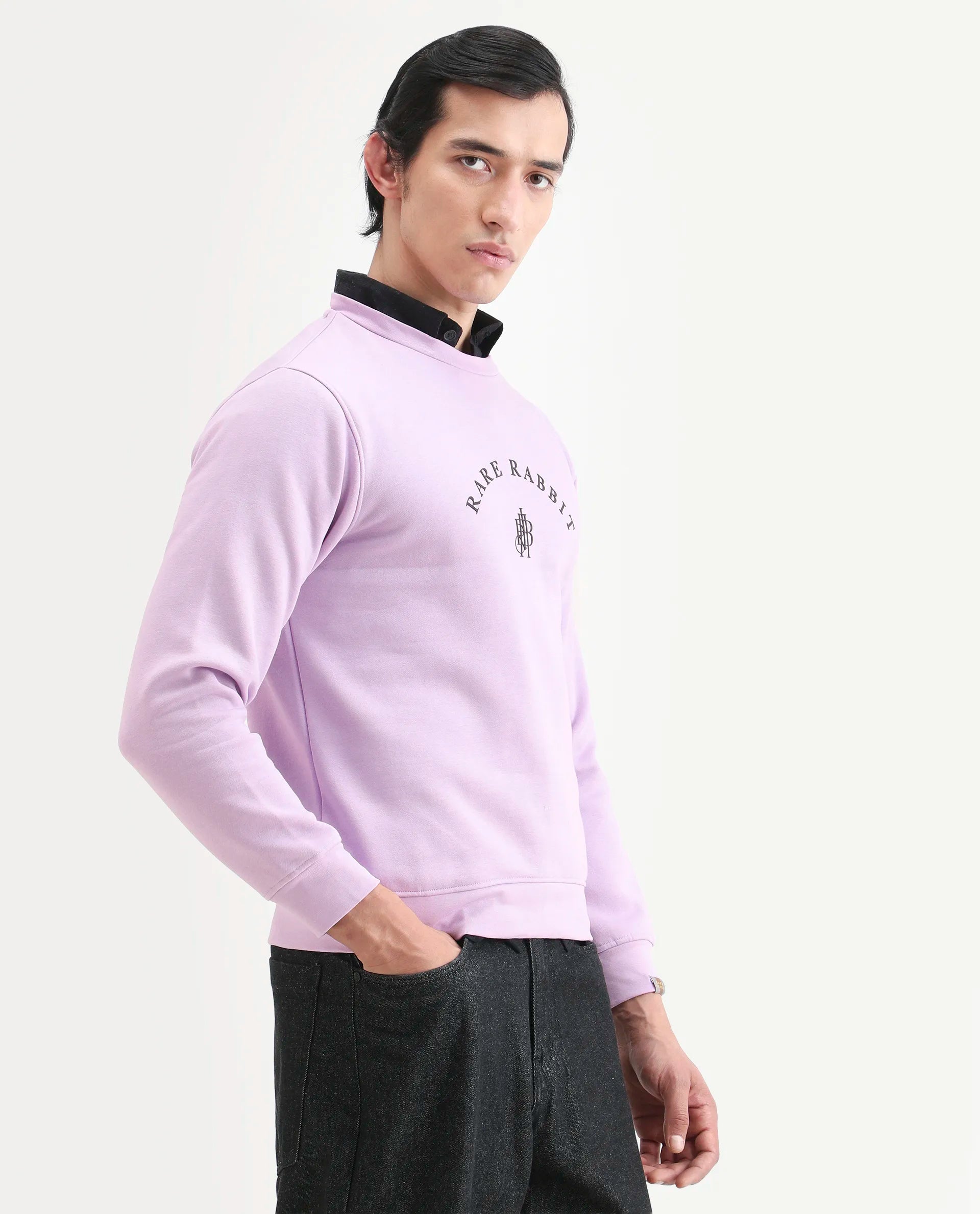 Rare Rabbit Men's Nomic Pastel Purple Cotton Graphic Print Regular Fit Full Sleeve Crew Neck Sweatshirt