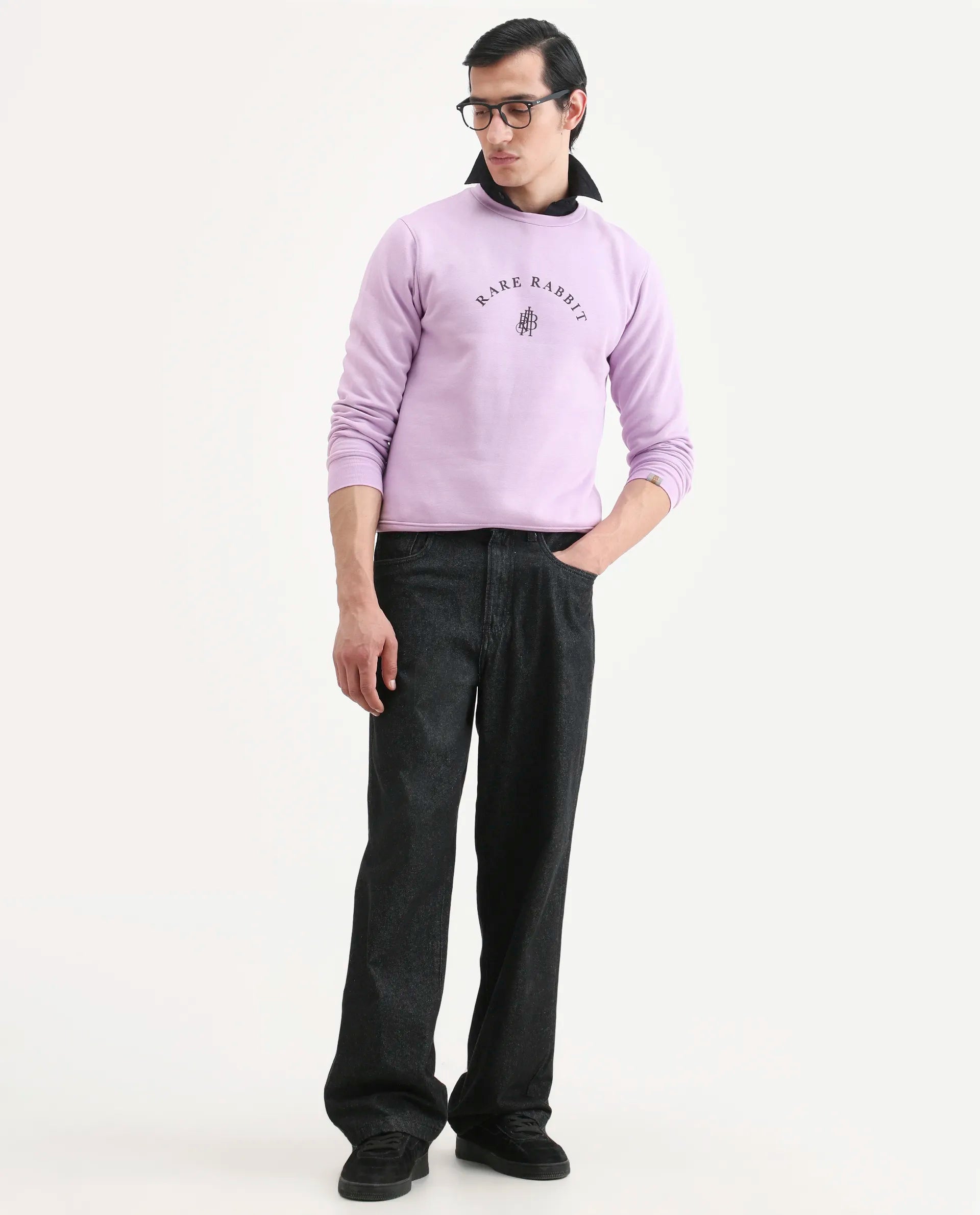 Rare Rabbit Men's Nomic Pastel Purple Cotton Graphic Print Regular Fit Full Sleeve Crew Neck Sweatshirt