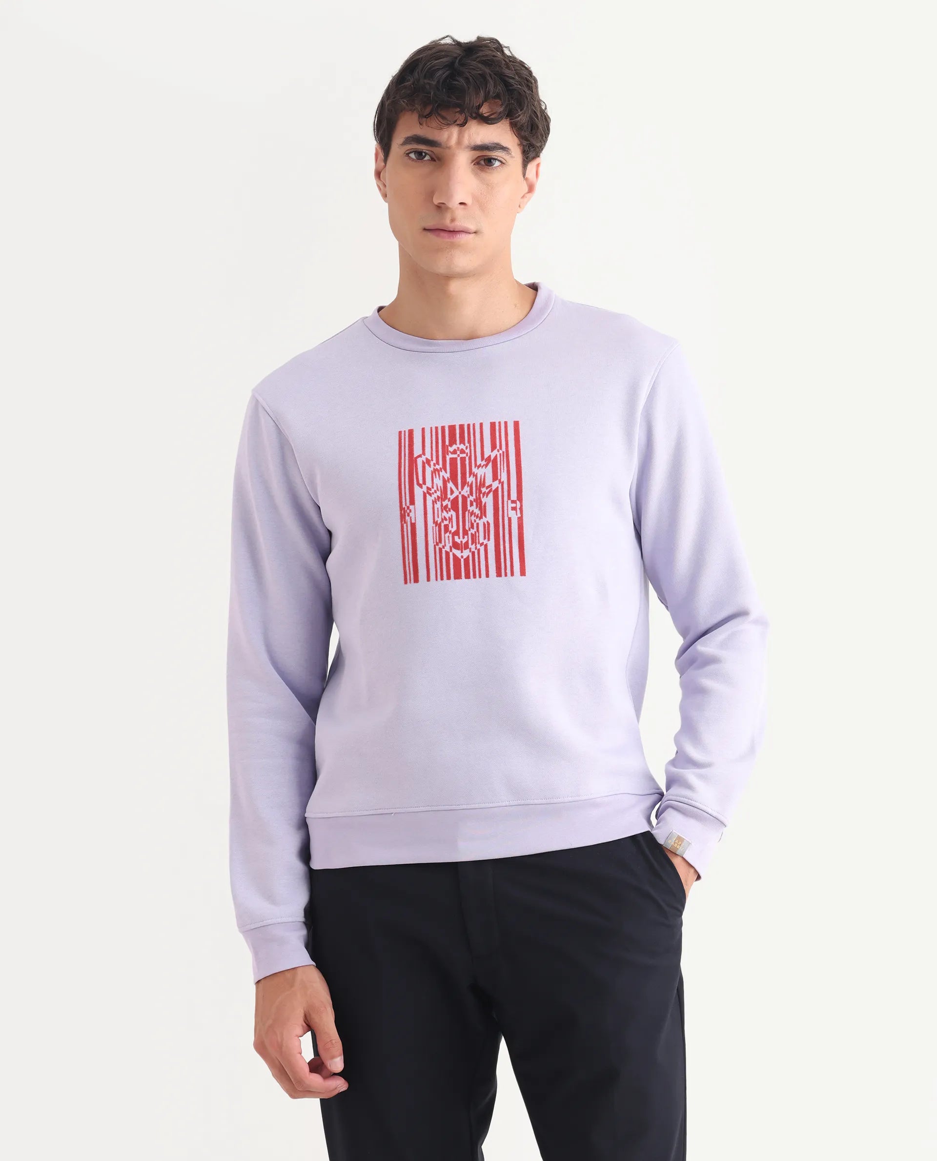 Rare Rabbit Men's Pysde Pastel Purple Cotton Graphic Print Relaxed Fit Full Sleeve Crew Neck Sweatshirt