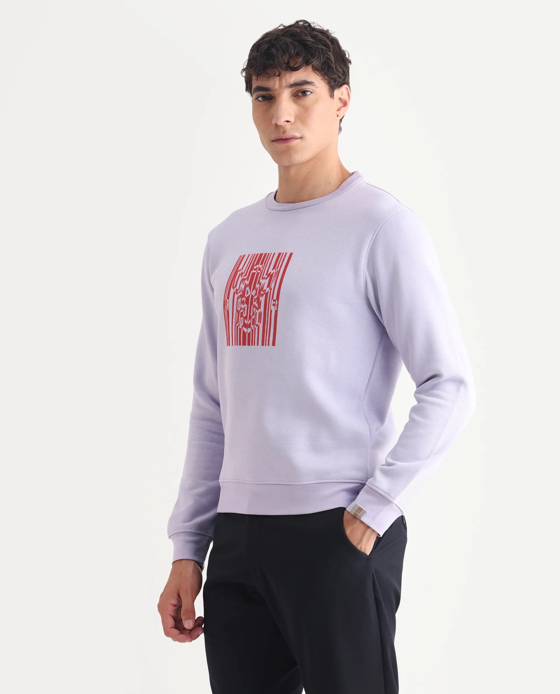 Rare Rabbit Men's Pysde Pastel Purple Cotton Graphic Print Relaxed Fit Full Sleeve Crew Neck Sweatshirt