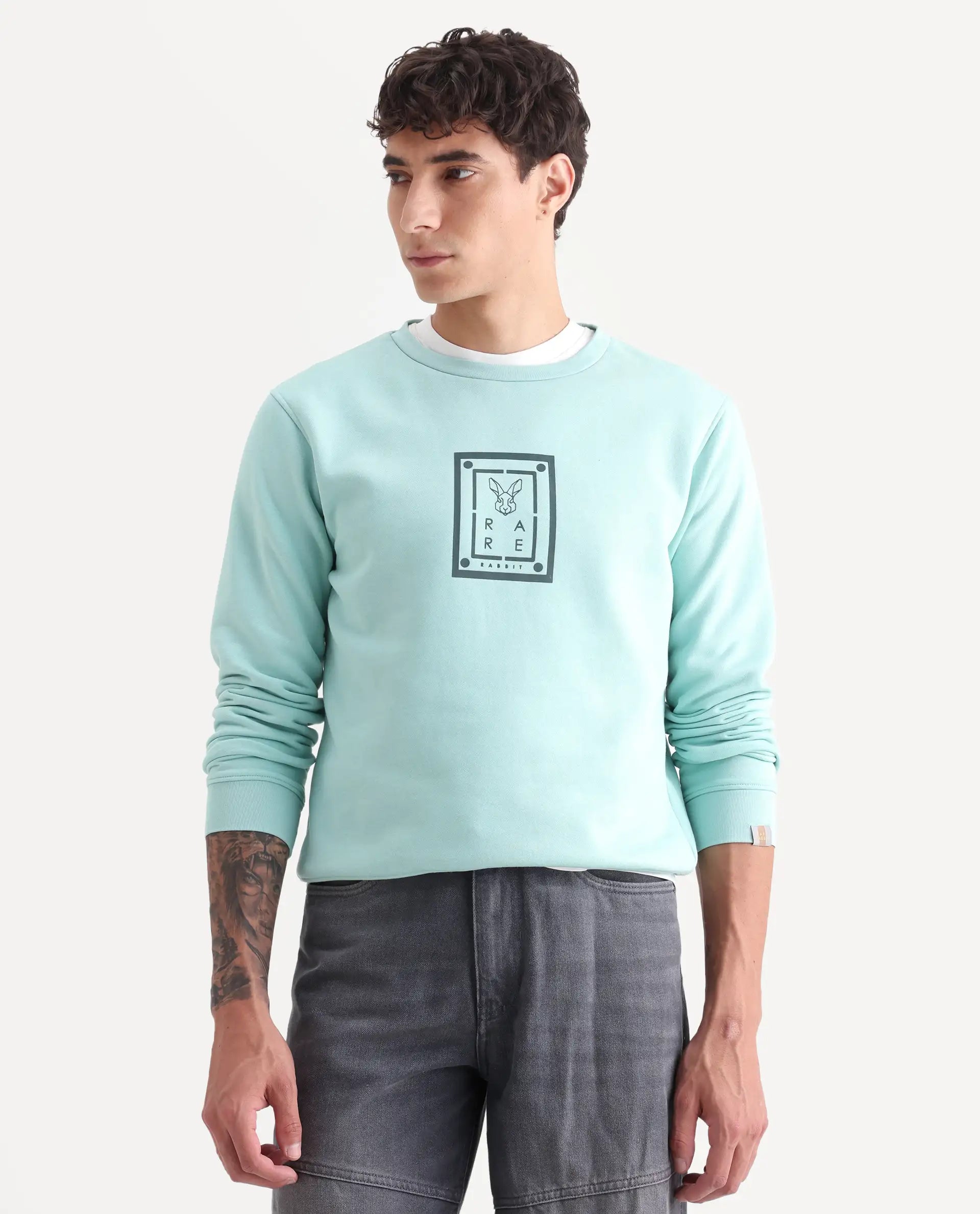 Rare Rabbit Men's Sweeney Light Green Cotton Graphic Print Regular Fit Full Sleeve Crew Neck Sweatshirt