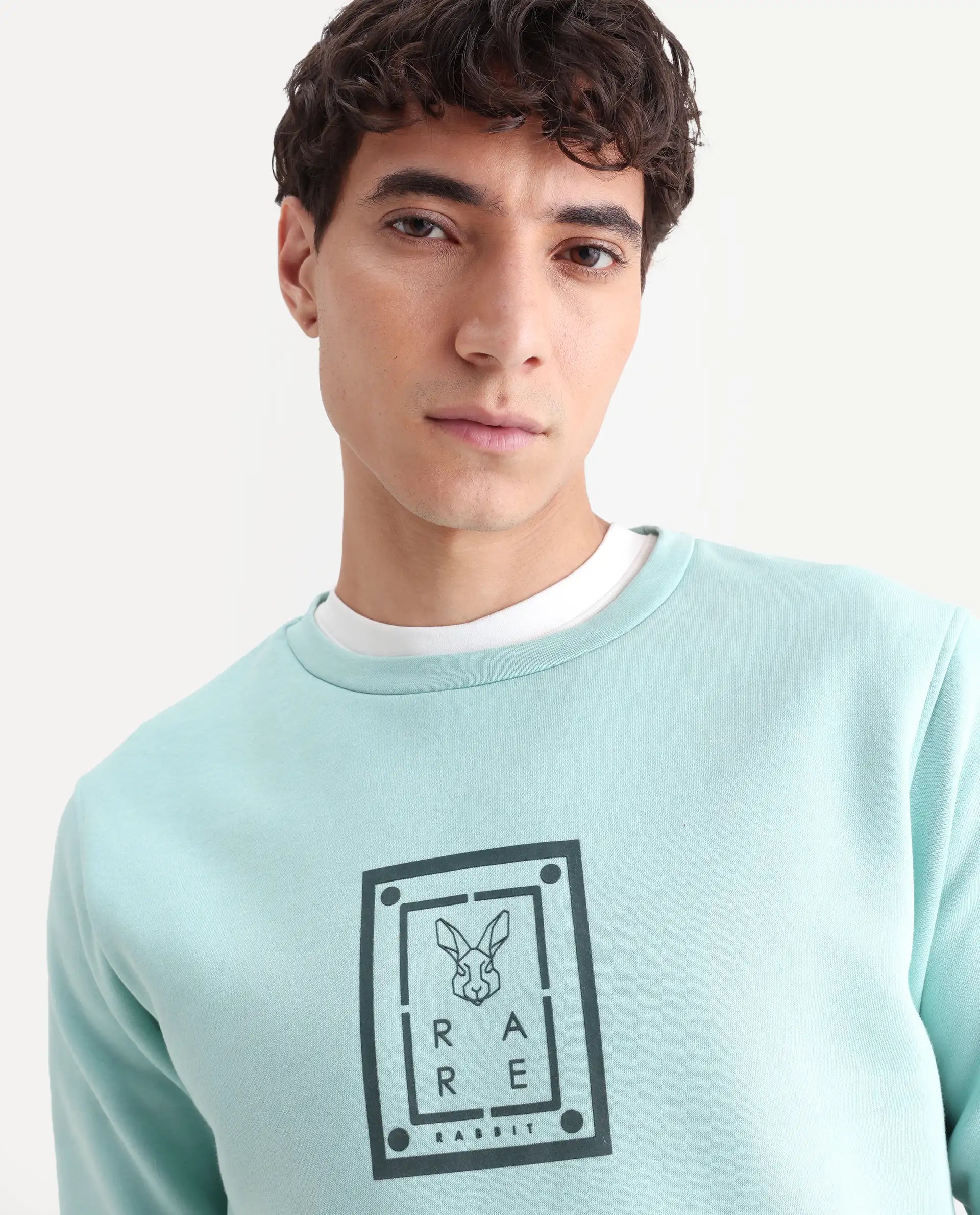 Rare Rabbit Men's Sweeney Light Green Cotton Graphic Print Regular Fit Full Sleeve Crew Neck Sweatshirt